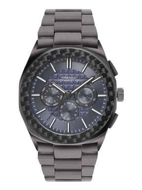 French Connection Textured Blue Round Dial With Stainless Steel Multifunction Watch - For Mens FCH27GNM