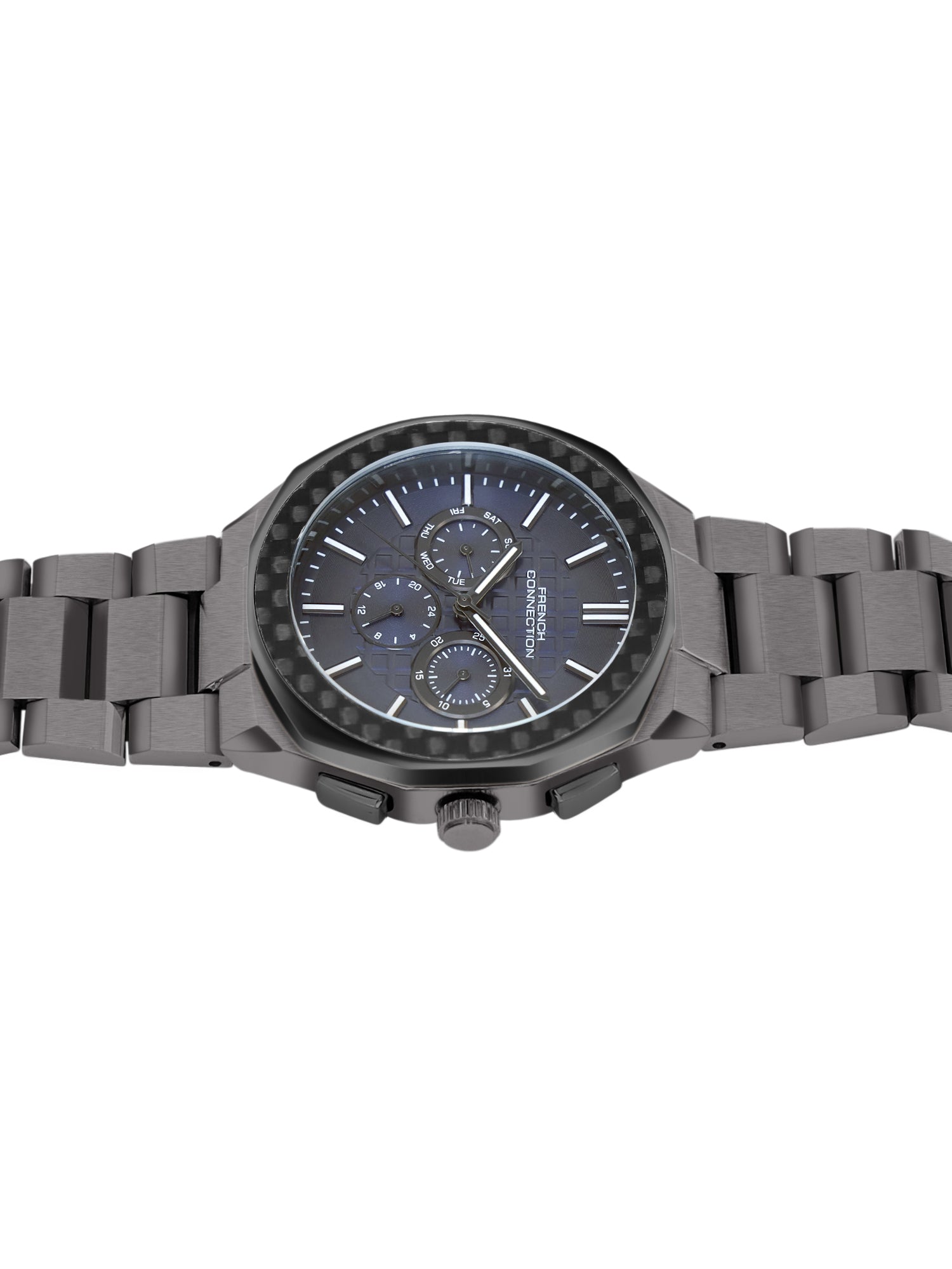 French Connection Textured Blue Round Dial With Stainless Steel Multifunction Watch - For Mens FCH27GNM