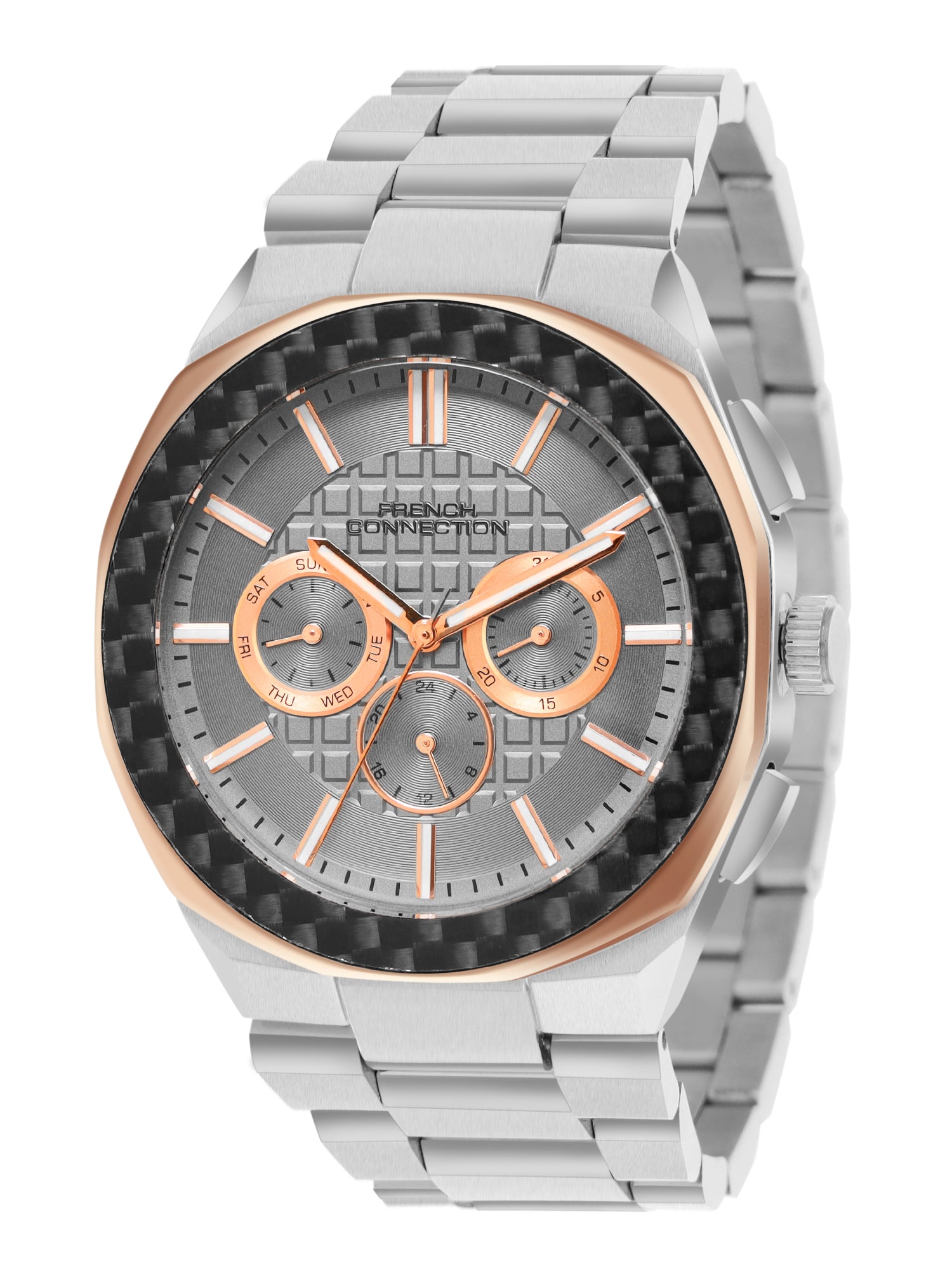 French Connection Textured Grey Round Dial With Stainless Steel  Multifunction Watch - For Mens FCH27SM