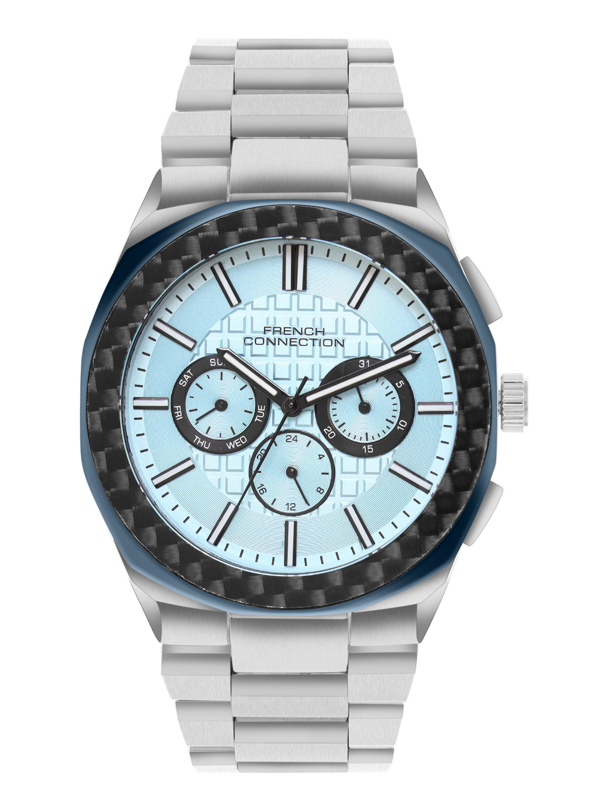 French Connection Textured Blue Round Dial With Stainless SteelbStrap Multifunction Watch - For Mens FCH27USM