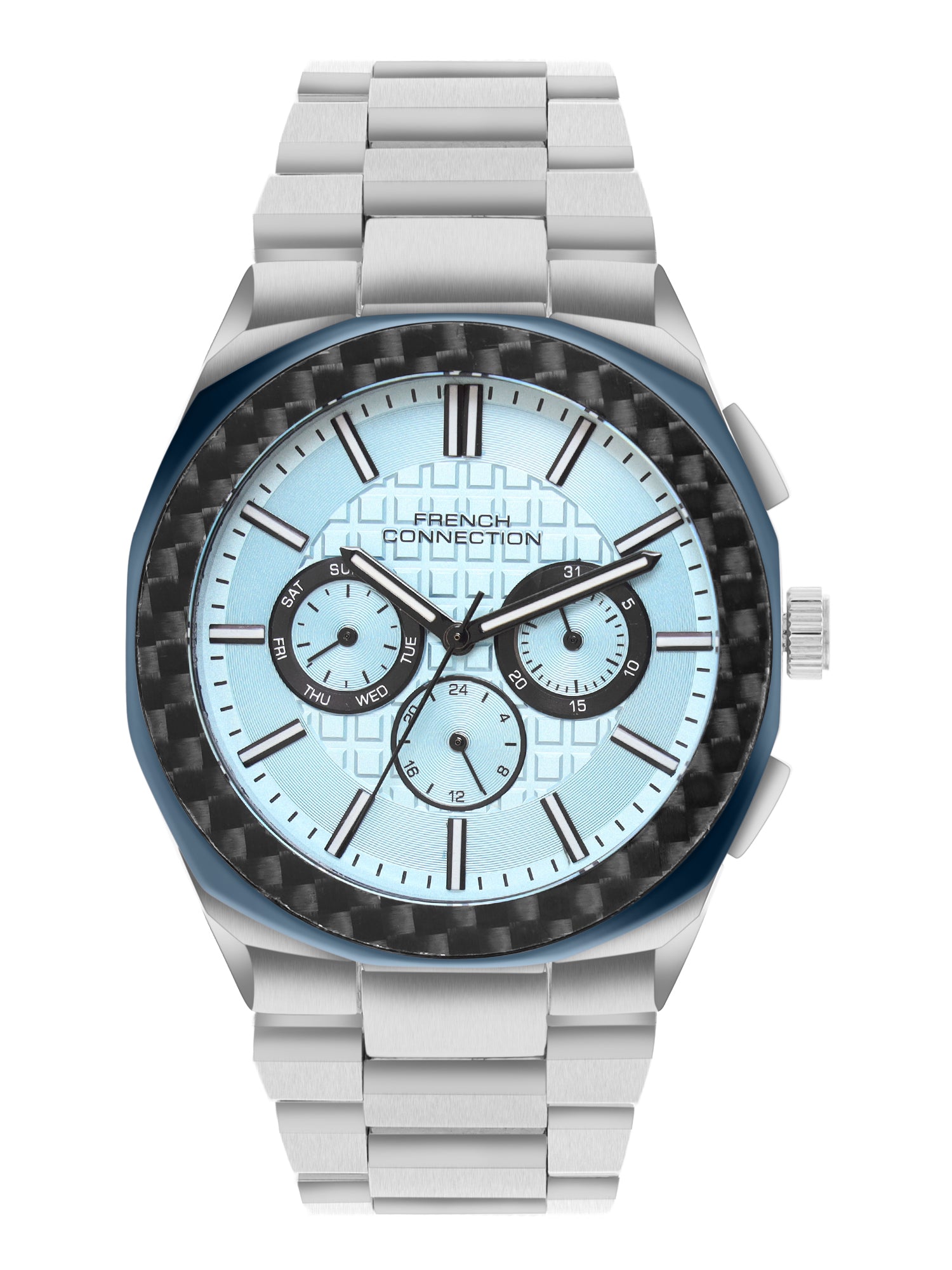 French Connection Textured Blue Round Dial With Stainless SteelbStrap Multifunction Watch - For Mens FCH27USM