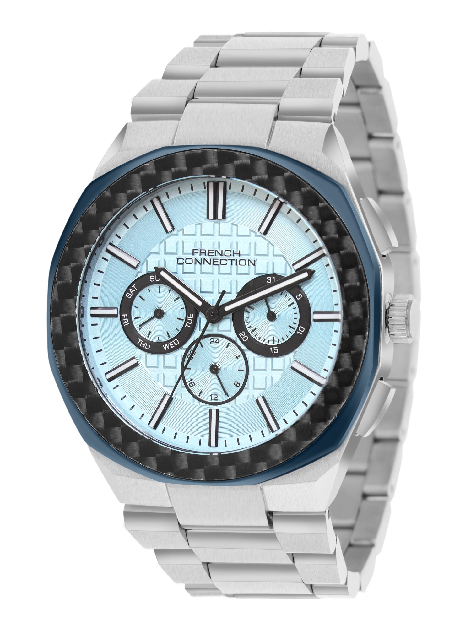 French Connection Textured Blue Round Dial With Stainless SteelbStrap Multifunction Watch - For Mens FCH27USM