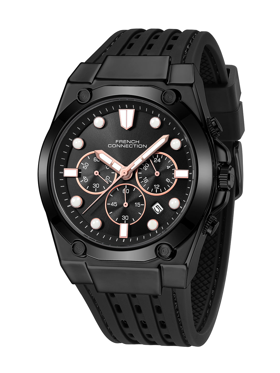 French Connection Stratonix | Quartz Chronograph | Black Sunray Dial | Silicone Strap | Watch for Men - FCH28BBL