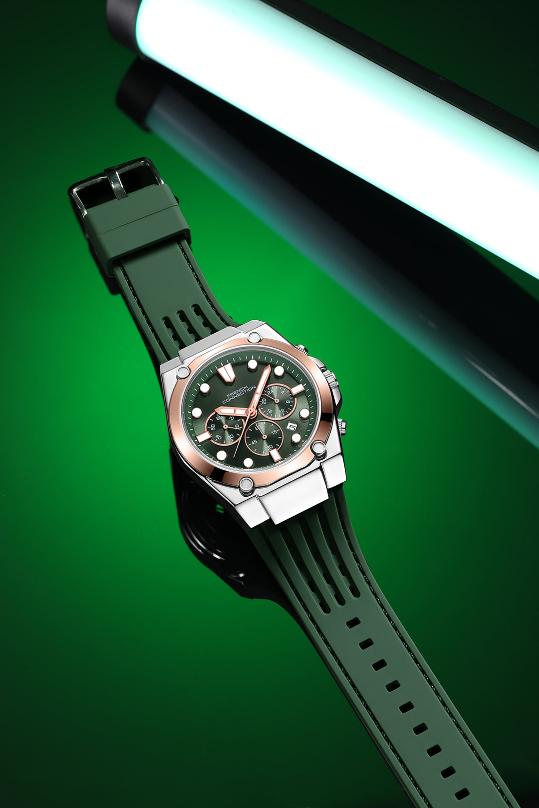 French Connection Stratonix | Quartz Chronograph | Green Sunray Dial | Silicone Strap | Watch for Men - FCH28RBL