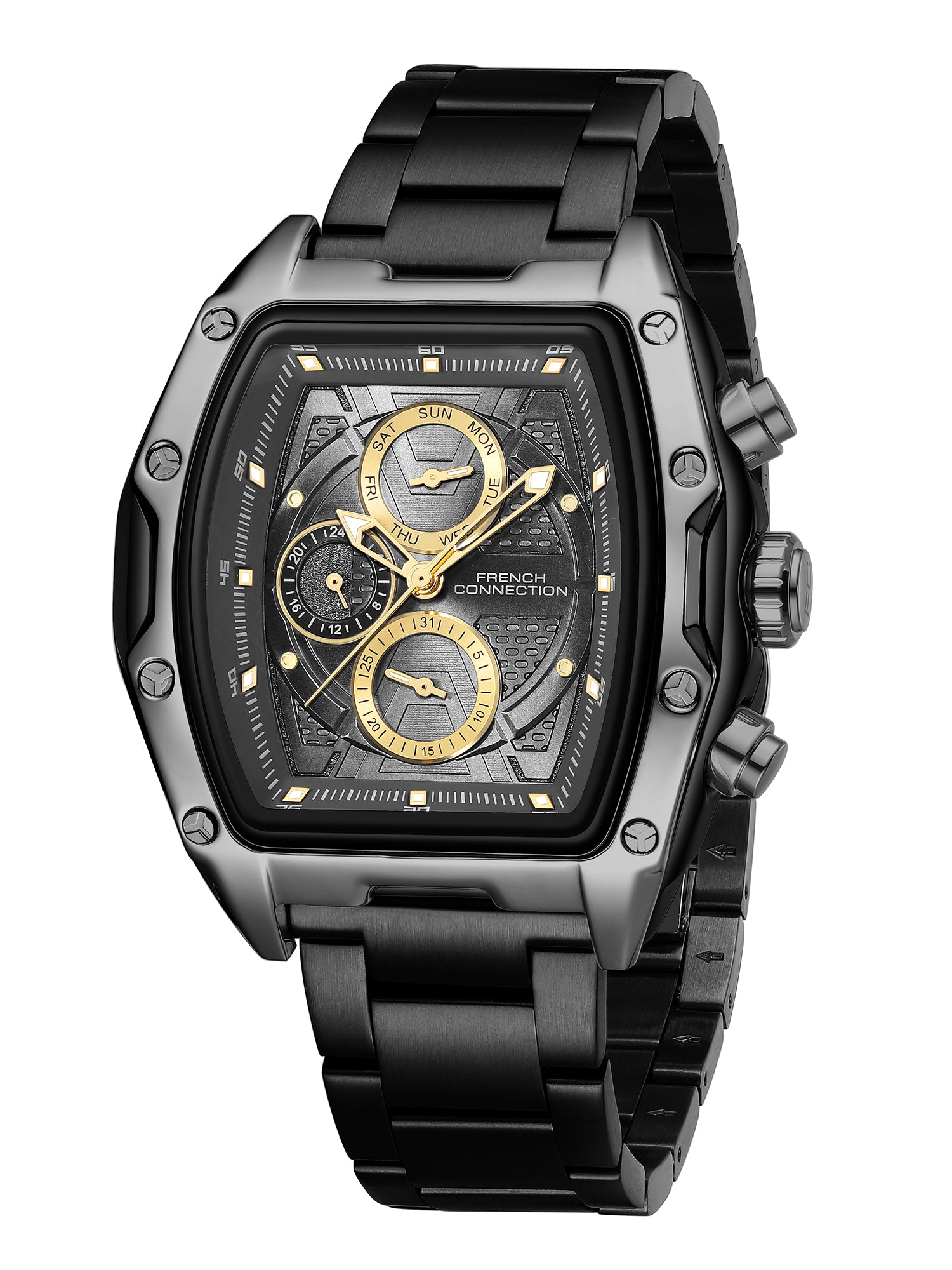 French Connection Powerchron | Tonneau Chronograph | Grey Textured Dial | Stainless Steel Strap | Watch for Men - FCH30BM