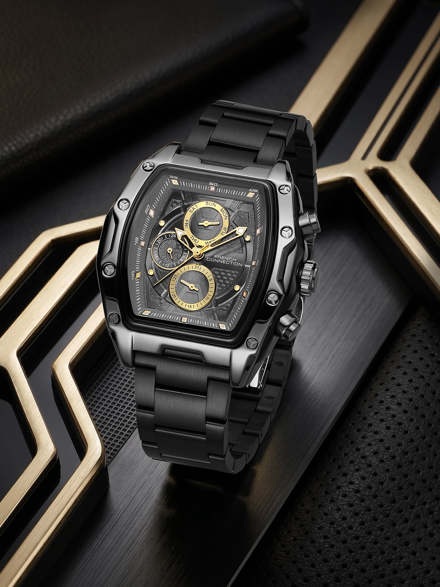 French Connection Powerchron | Tonneau Chronograph | Grey Textured Dial | Stainless Steel Strap | Watch for Men - FCH30BM