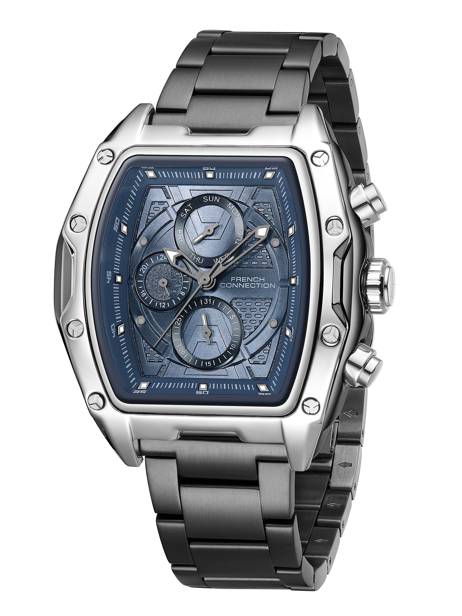 French Connection Powerchron | Tonneau Chronograph | Blue Textured Dial | Stainless Steel Strap | Watch for Men - FCH30GNM