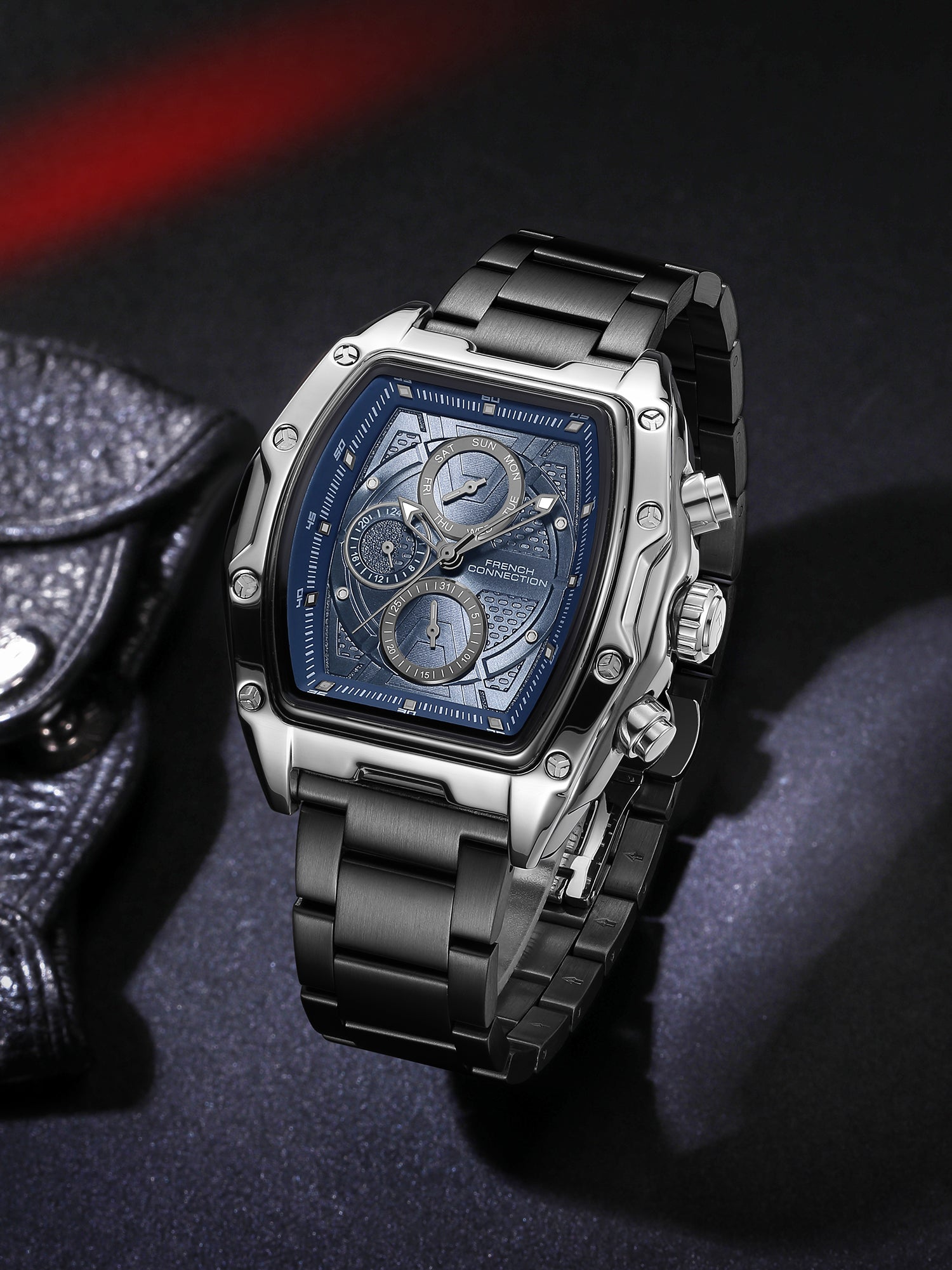 French Connection Powerchron | Tonneau Chronograph | Blue Textured Dial | Stainless Steel Strap | Watch for Men - FCH30GNM