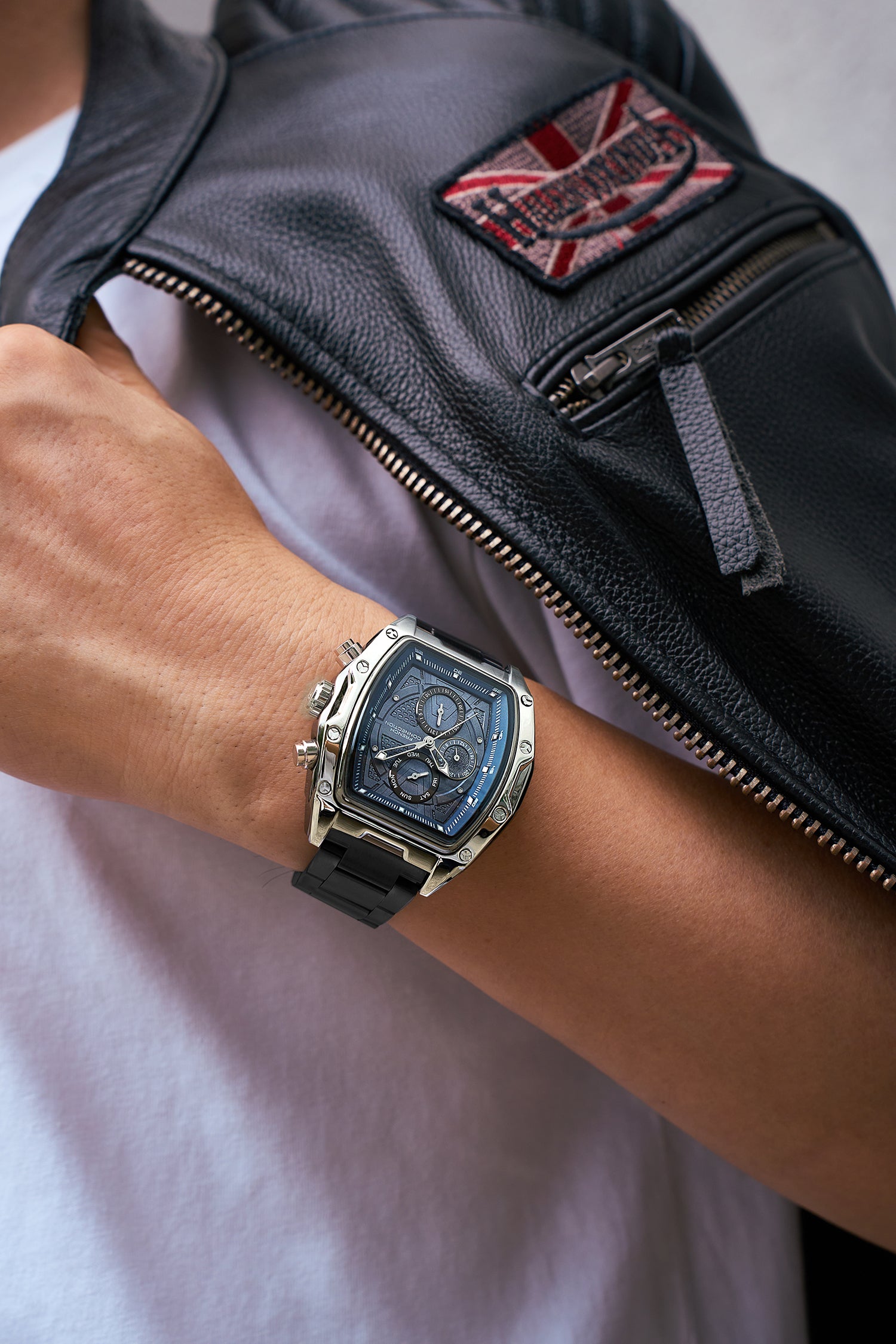 French Connection Powerchron | Tonneau Chronograph | Blue Textured Dial | Stainless Steel Strap | Watch for Men - FCH30GNM