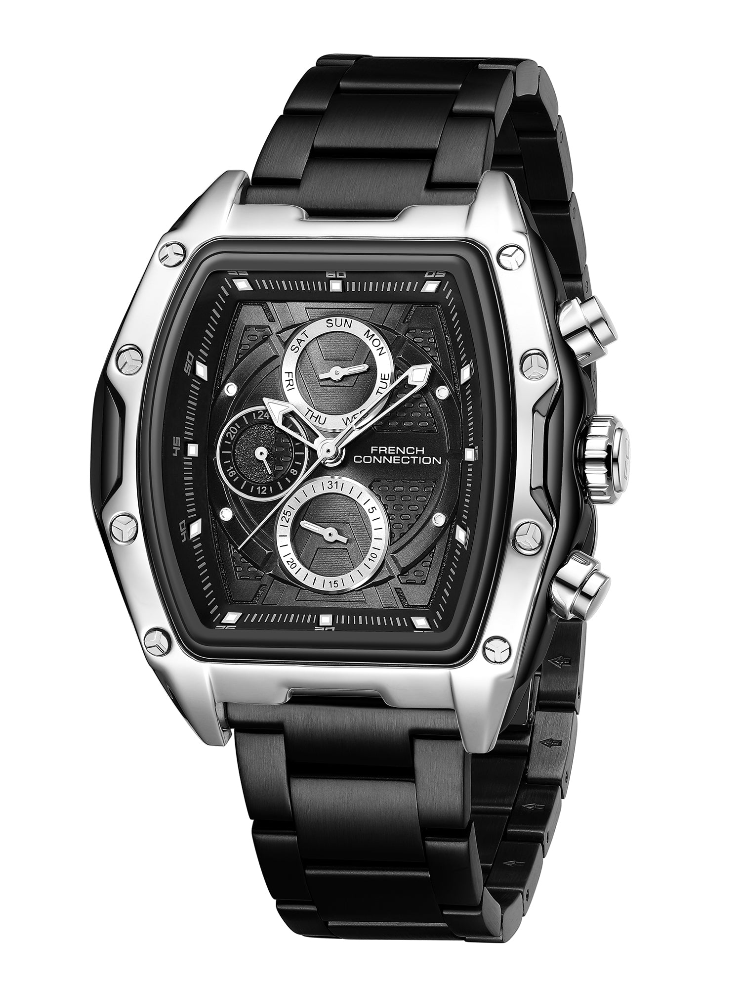 French Connection Powerchron | Tonneau Chronograph | Black Textured Dial | Stainless Steel Strap | Watch for Men - FCH30SBM