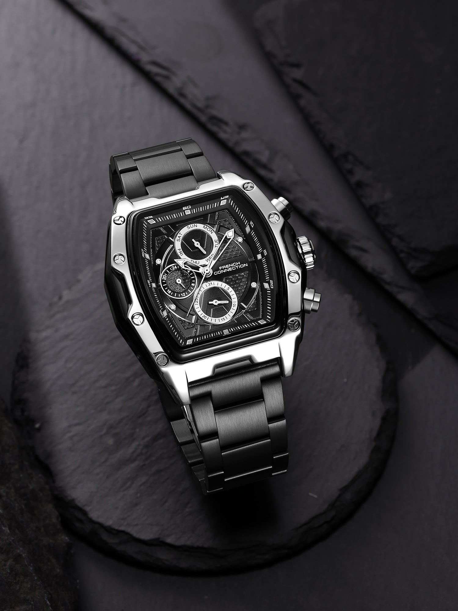 French Connection Powerchron | Tonneau Chronograph | Black Textured Dial | Stainless Steel Strap | Watch for Men - FCH30SBM