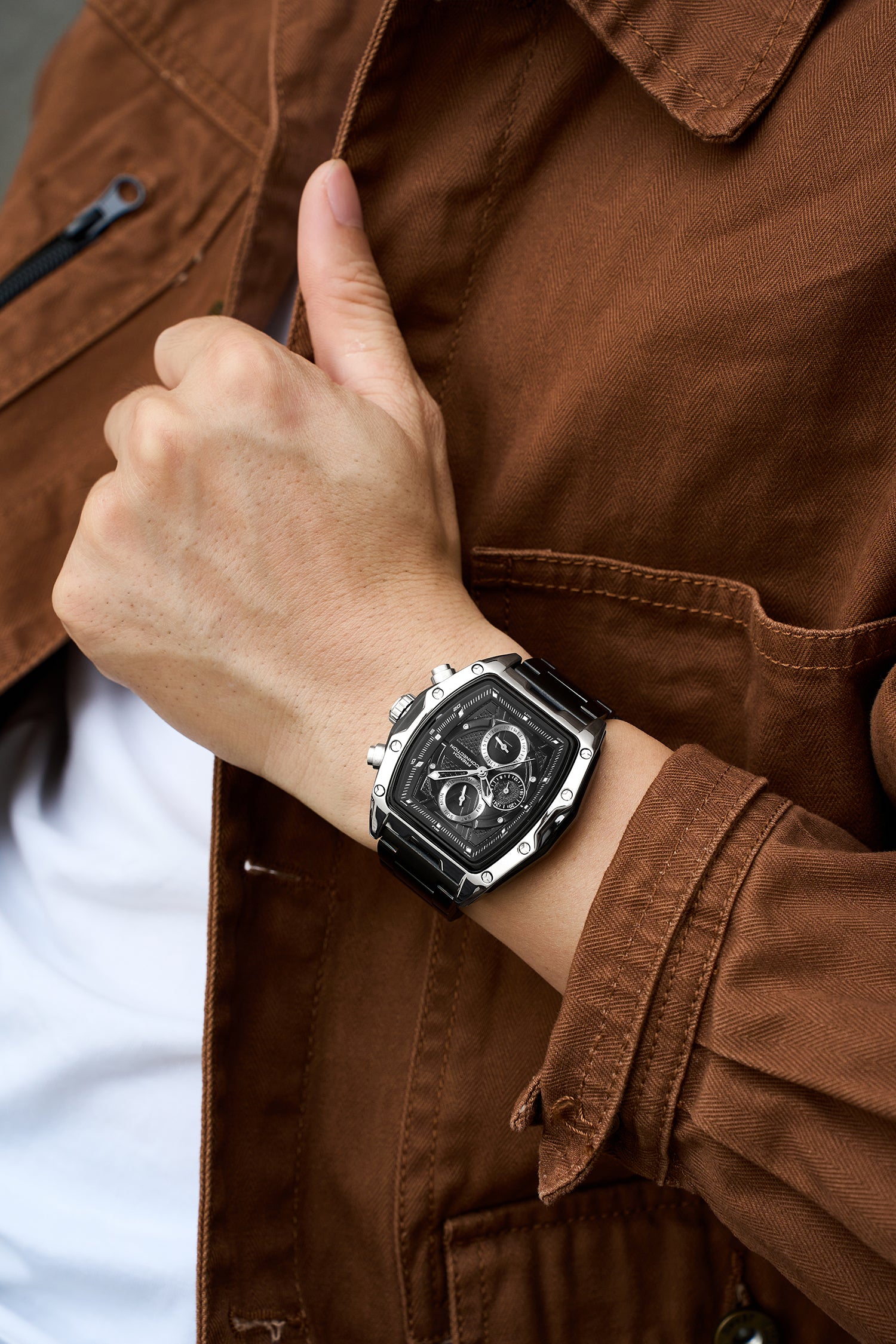 French Connection Powerchron | Tonneau Chronograph | Black Textured Dial | Stainless Steel Strap | Watch for Men - FCH30SBM