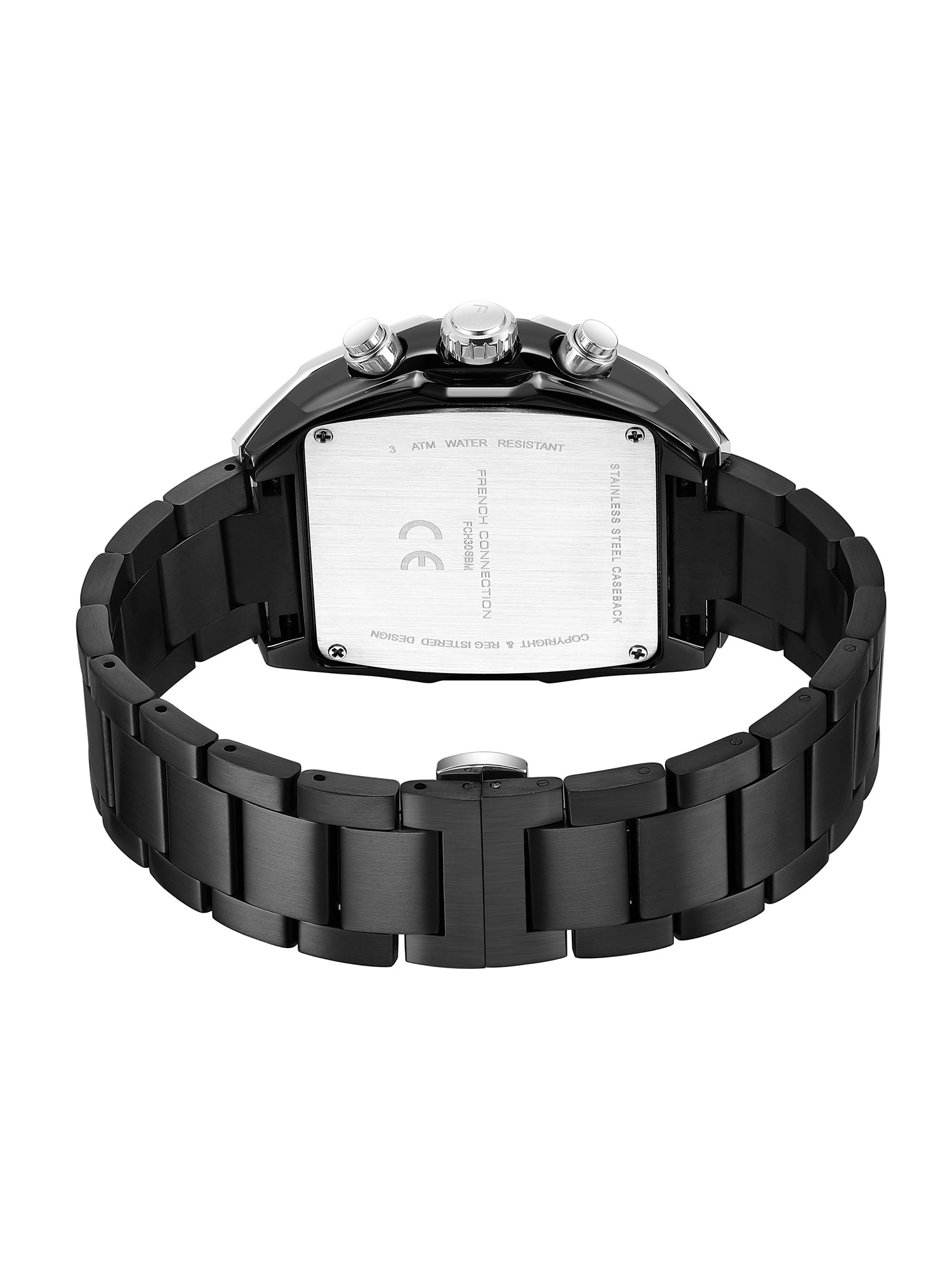 French Connection Powerchron | Tonneau Chronograph | Black Textured Dial | Stainless Steel Strap | Watch for Men - FCH30SBM