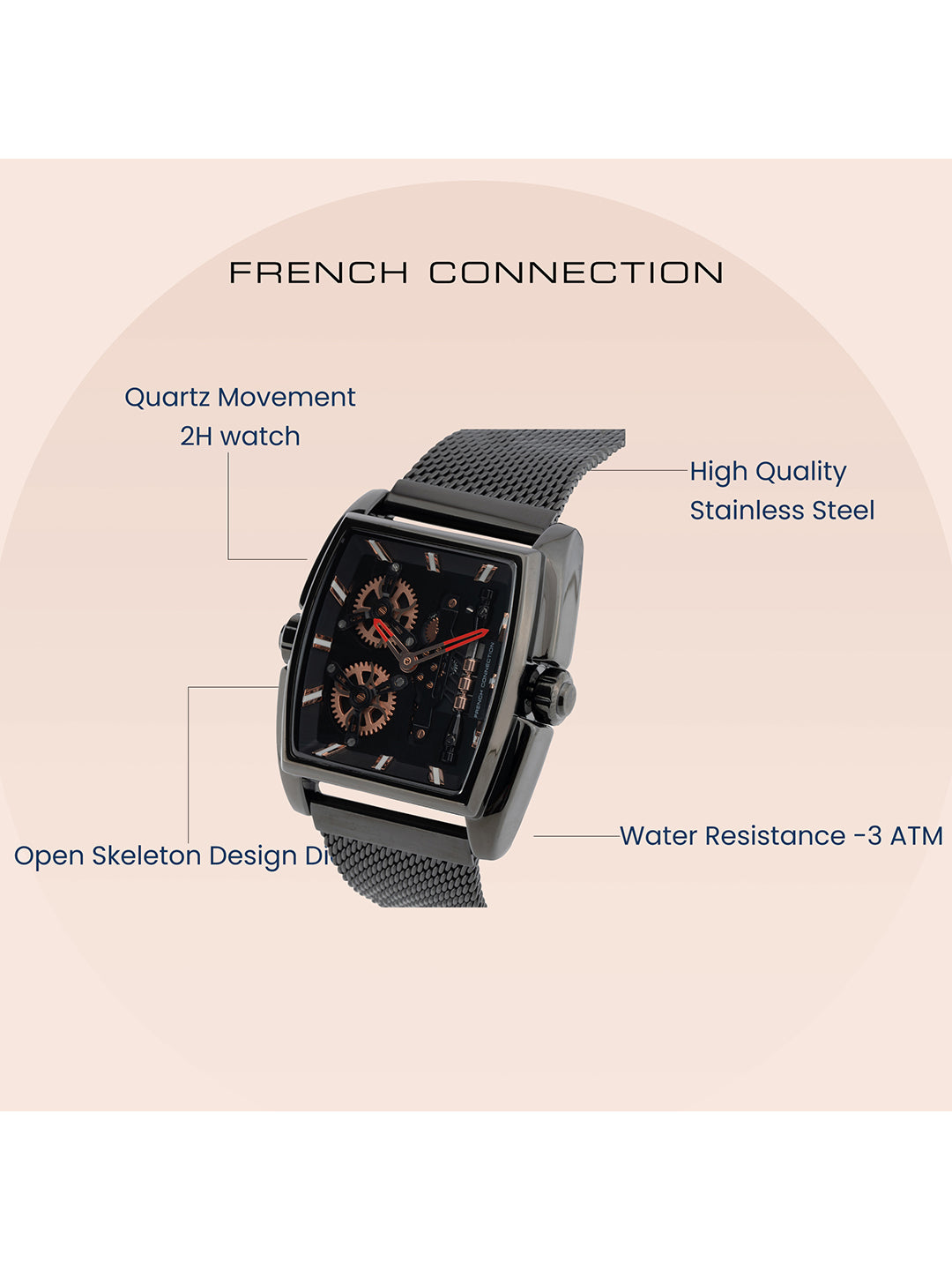 French connection Barrel Black Tonneau Dial Womens Analogue Watch FCM02BM