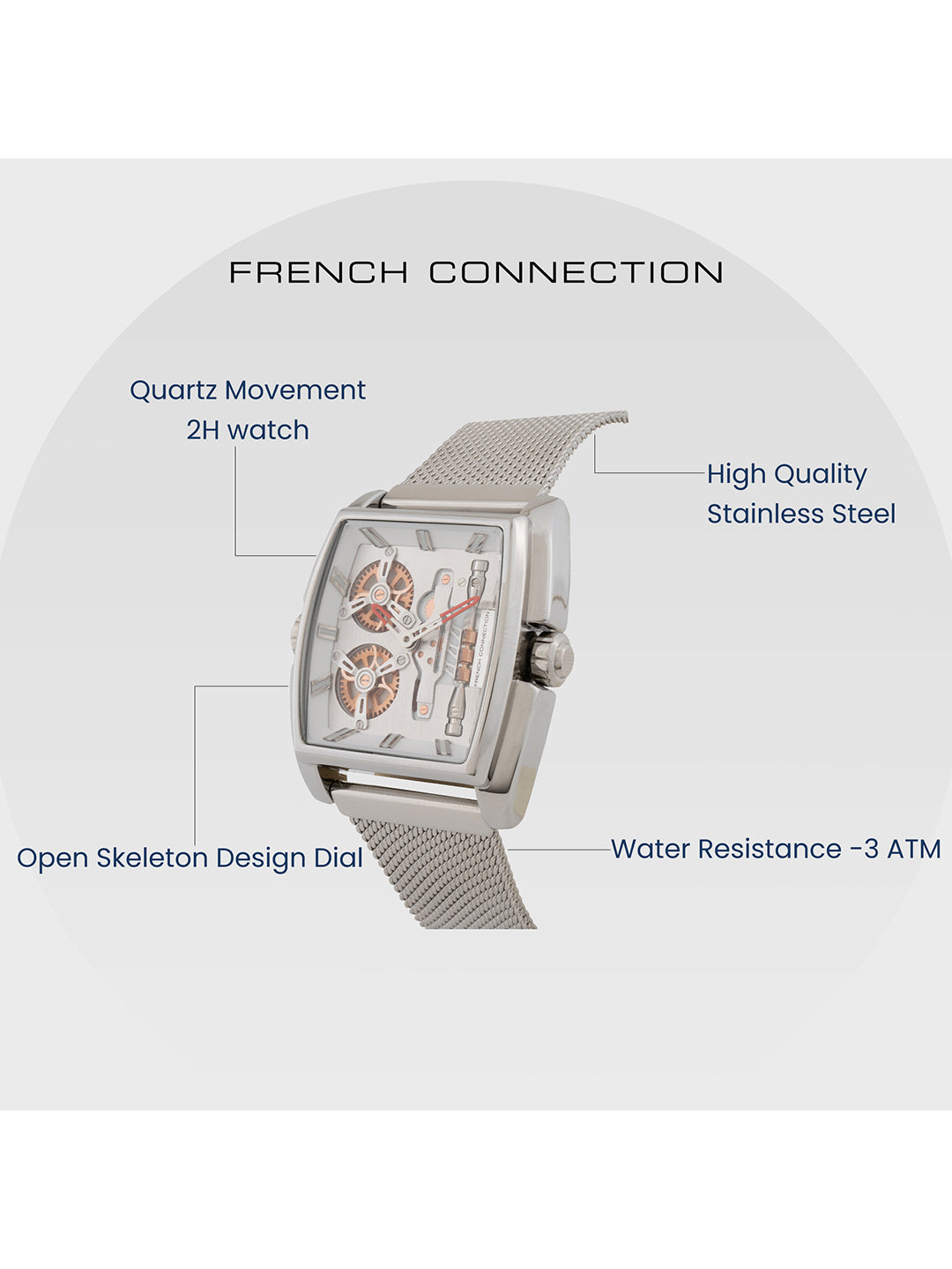 French connection Barrel Silver Tonneau Dial Mens Analogue Watch FCM02SM
