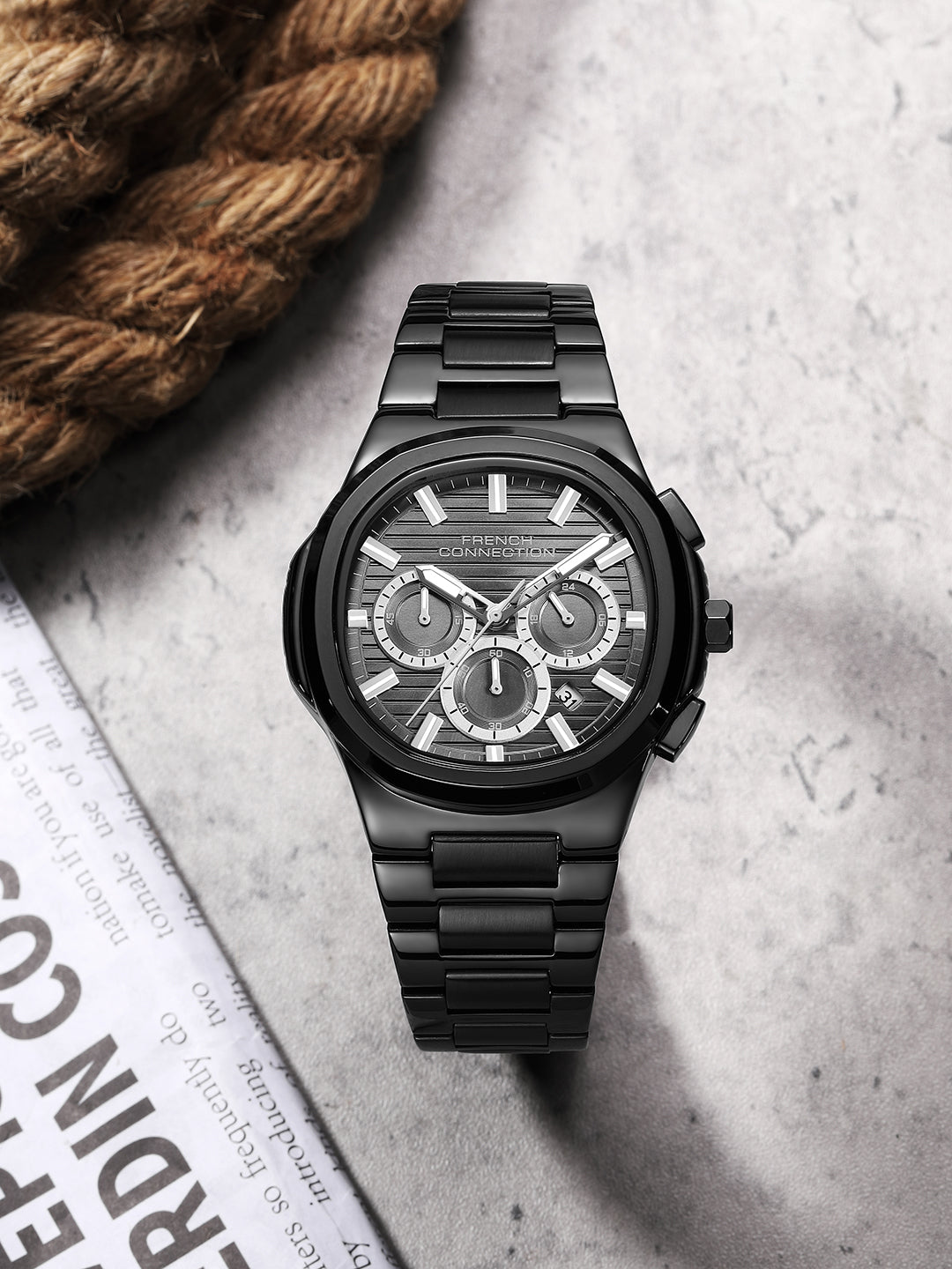 French Connection Zener | Chronograph | Date Black Round Dial | Black Stainless Steel Strap | Texture Feature Wrist Watch for Men - FCM05BM