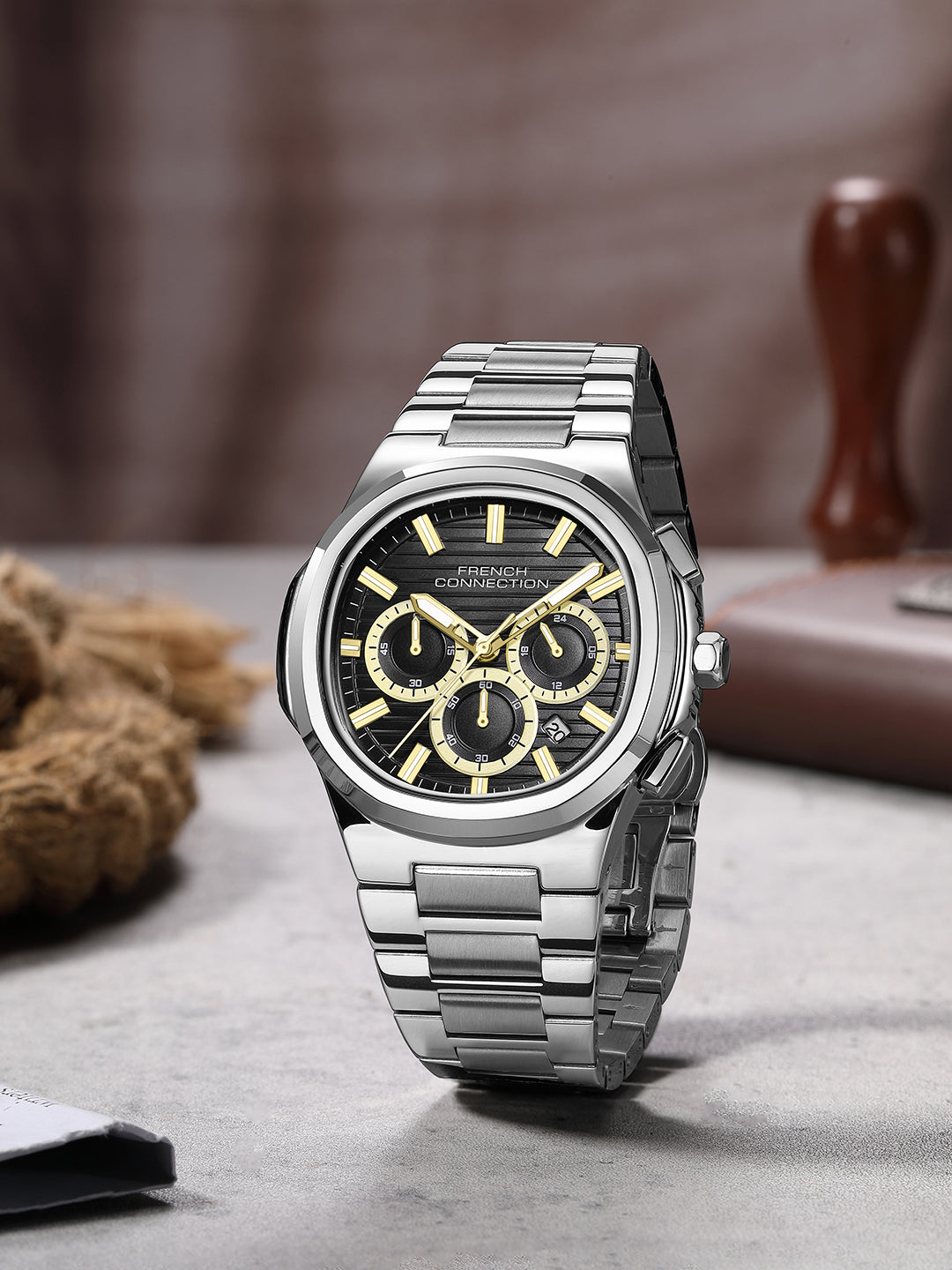 French Connection Zener | Chronograph | Date Black Round Dial | Silver Stainless Steel Strap | Texture Feature Wrist Watch for Men - FCM05BSM