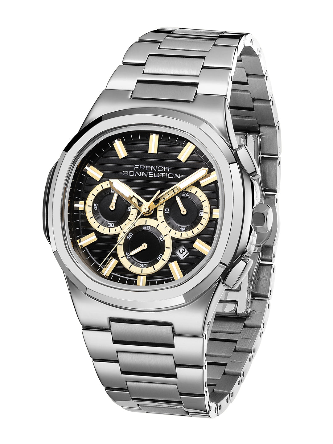 French Connection Zener | Chronograph | Date Black Round Dial | Silver Stainless Steel Strap | Texture Feature Wrist Watch for Men - FCM05BSM