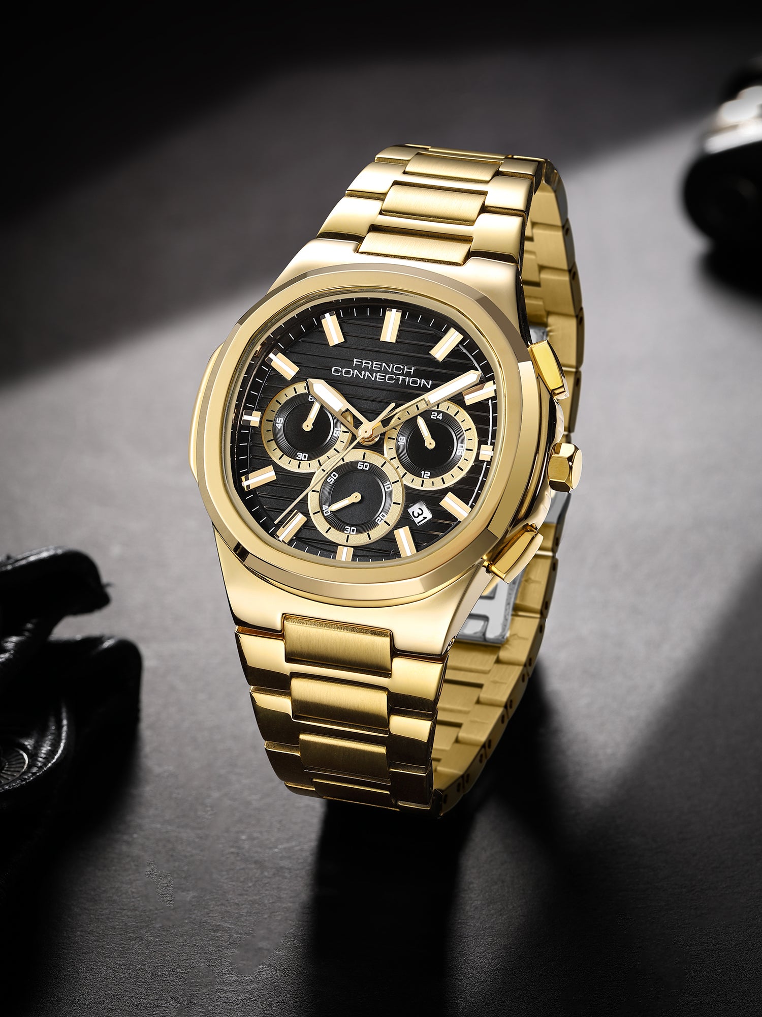 French Connection Zener | Chronograph | Date Black Round Dial | Gold Stainless Steel Strap | Texture Feature Wrist Watch for Men - FCM05GM