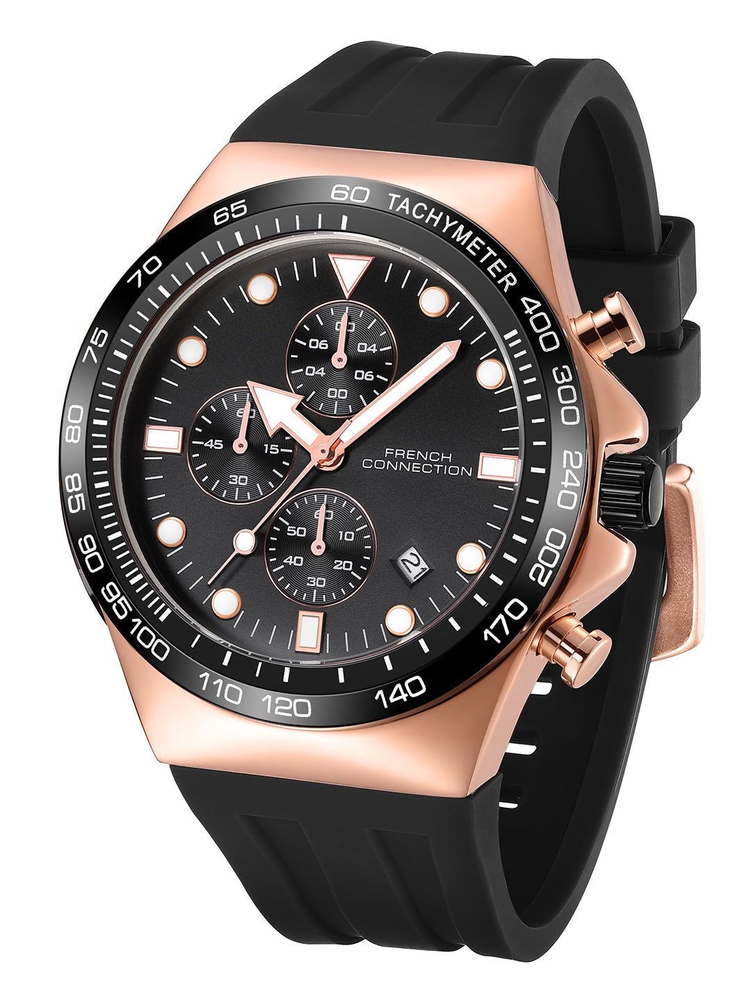 French Connection Triumphus | Quartz Chronograph | Black Dial | Black Silicone Strap | Watch for Men - FCM07BB