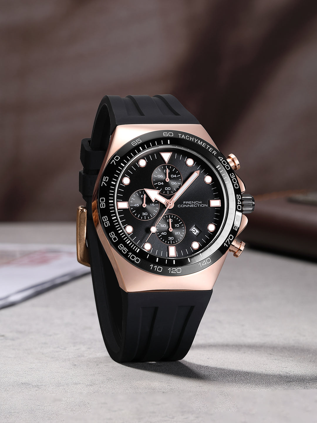 French Connection Triumphus | Quartz Chronograph | Black Dial | Black Silicone Strap | Watch for Men - FCM07BB