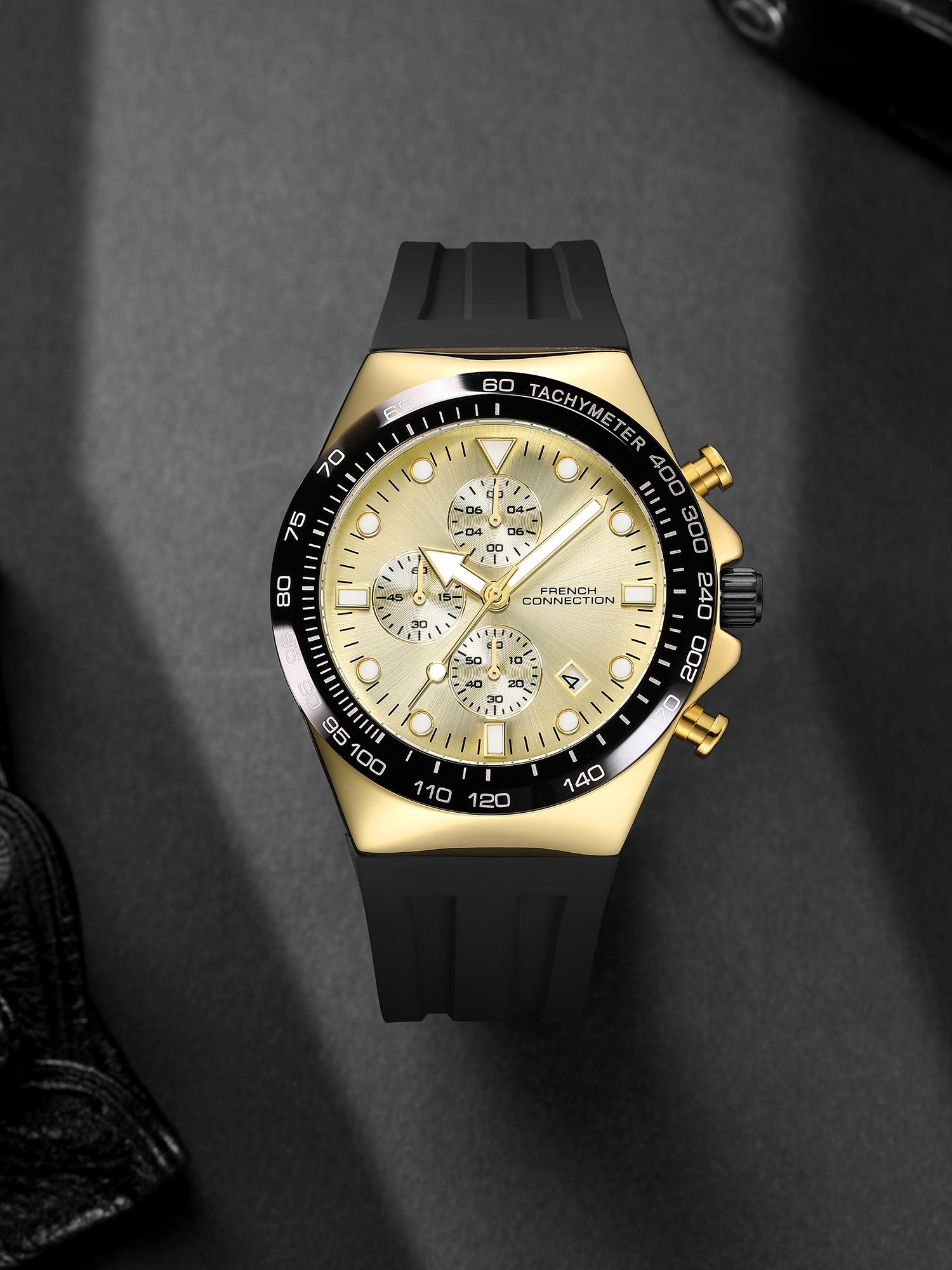 French Connection Triumphus | Quartz Chronograph | Champagne Dial | Black Silicone Strap | Watch for Men - FCM07B