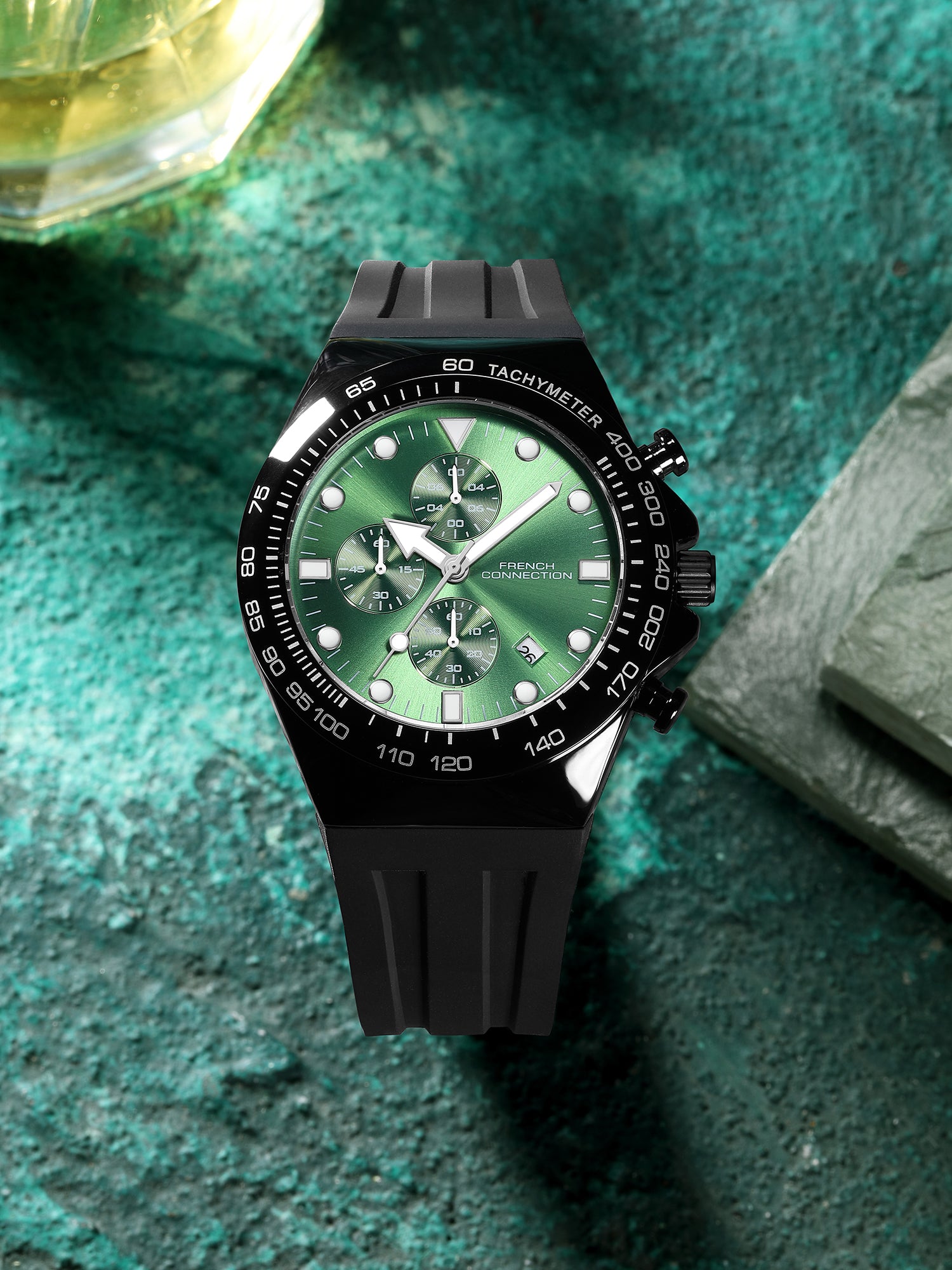French Connection Triumphus | Quartz Chronograph | Green Dial | Black Silicone Strap | Watch for Men - FCM07NB