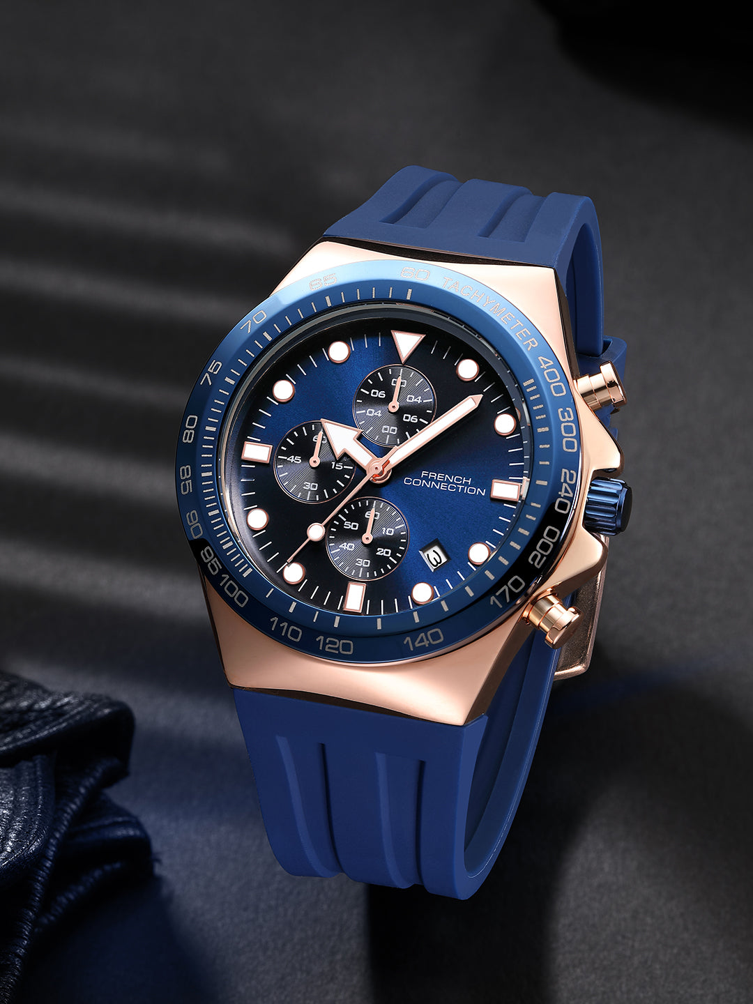 French Connection Triumphus | Quartz Chronograph | Blue Dial | Blue Silicone Strap | Watch for Men - FCM07U