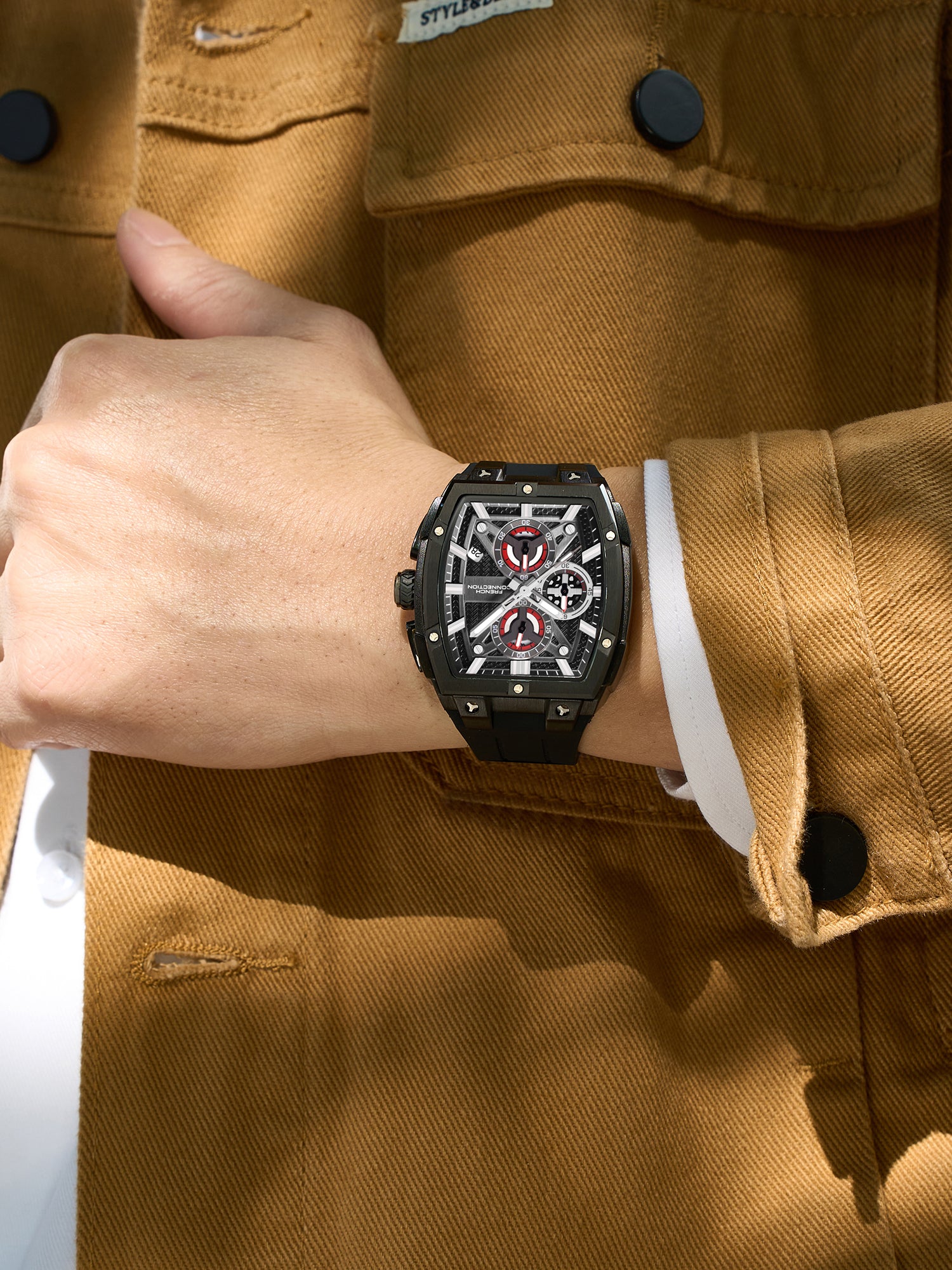 French Connection Exedra | Tonneau Chronograph | Black Dial | Black Silicone Strap | Watch for Men - FCM08BB