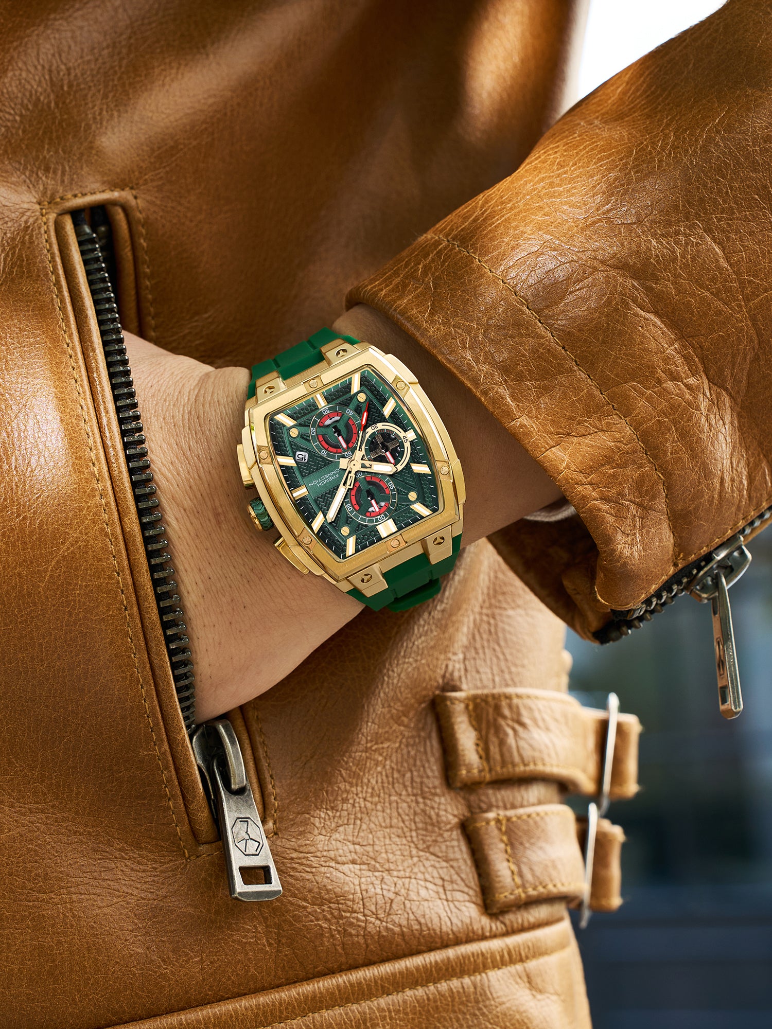 French Connection Exedra | Tonneau Chronograph | Green Dial | Green Silicone Strap | Watch for Men - FCM08GB