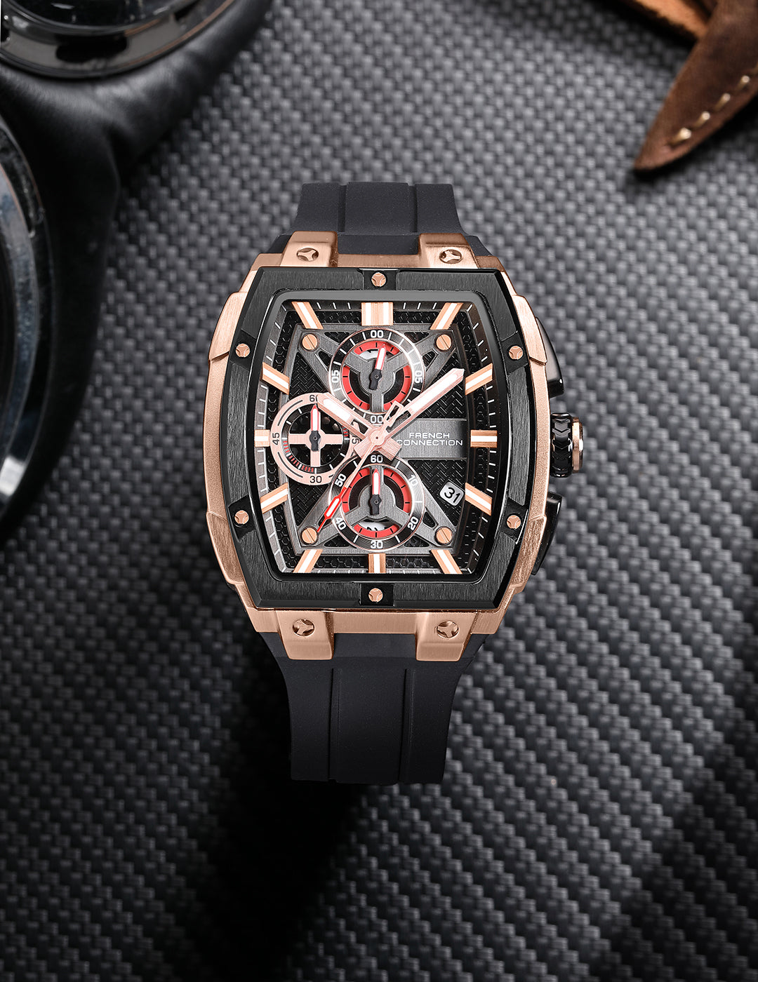 French Connection Exedra | Tonneau Chronograph | Black Dial | Black Silicone Strap | Watch for Men - FCM08RB