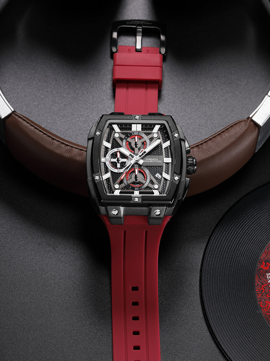 French Connection Exedra | Tonneau Chronograph | Black Dial | Red S filicone Strap | Watchor Men - FCM08R