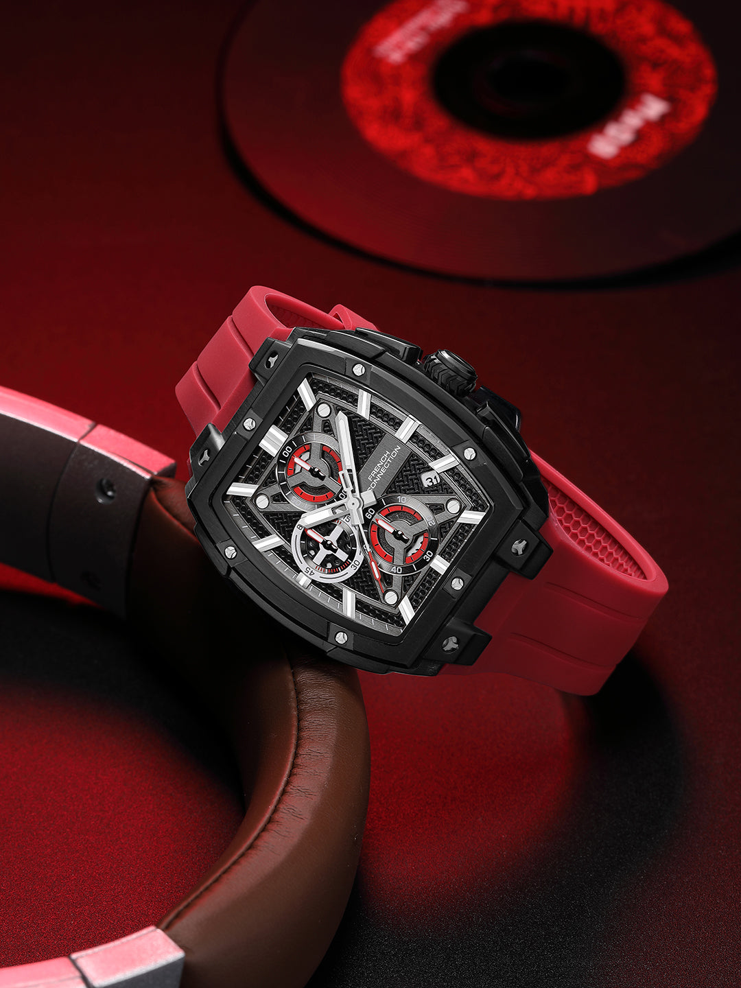 French Connection Exedra | Tonneau Chronograph | Black Dial | Red S filicone Strap | Watchor Men - FCM08R