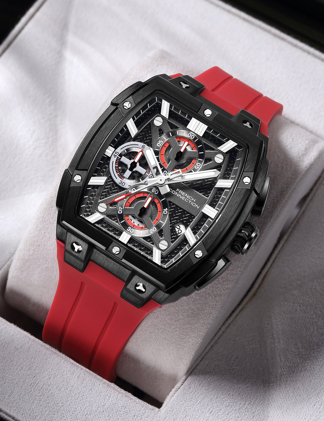 French Connection Exedra | Tonneau Chronograph | Black Dial | Red S filicone Strap | Watchor Men - FCM08R
