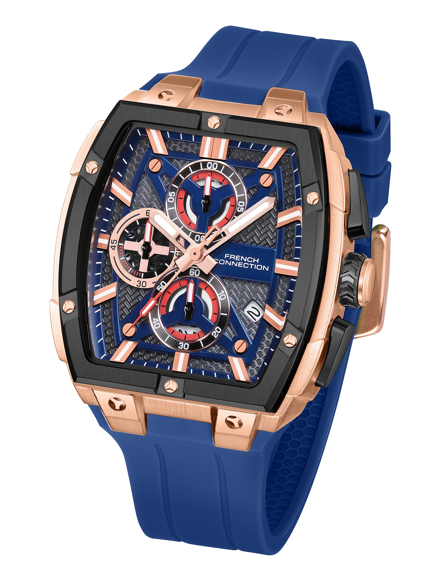 French Connection Exedra | Tonneau Chronograph | Blue Dial | Blue Silicone Strap | Watch for Men - FCM08U