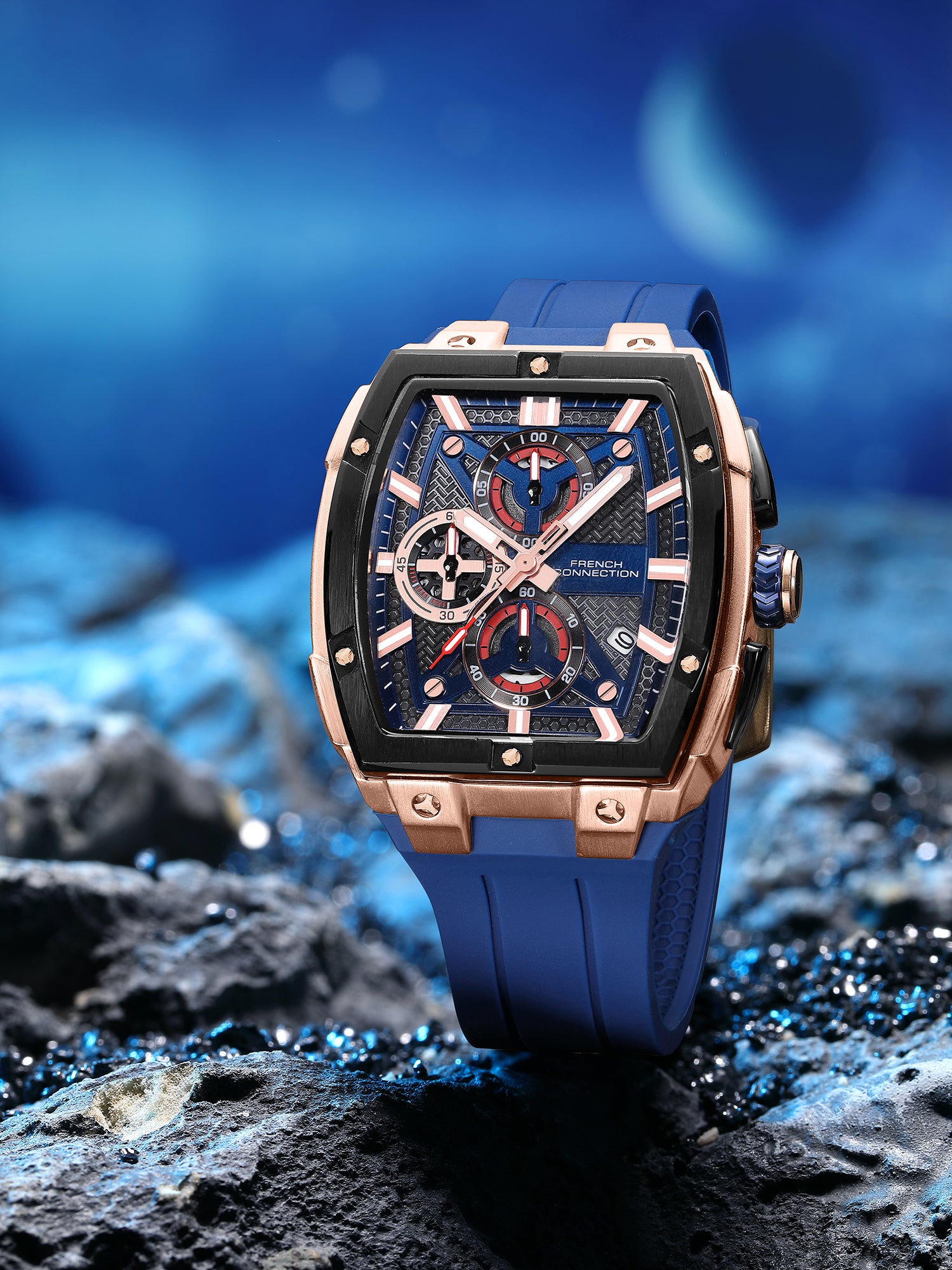 French Connection Exedra | Tonneau Chronograph | Blue Dial | Blue Silicone Strap | Watch for Men - FCM08U