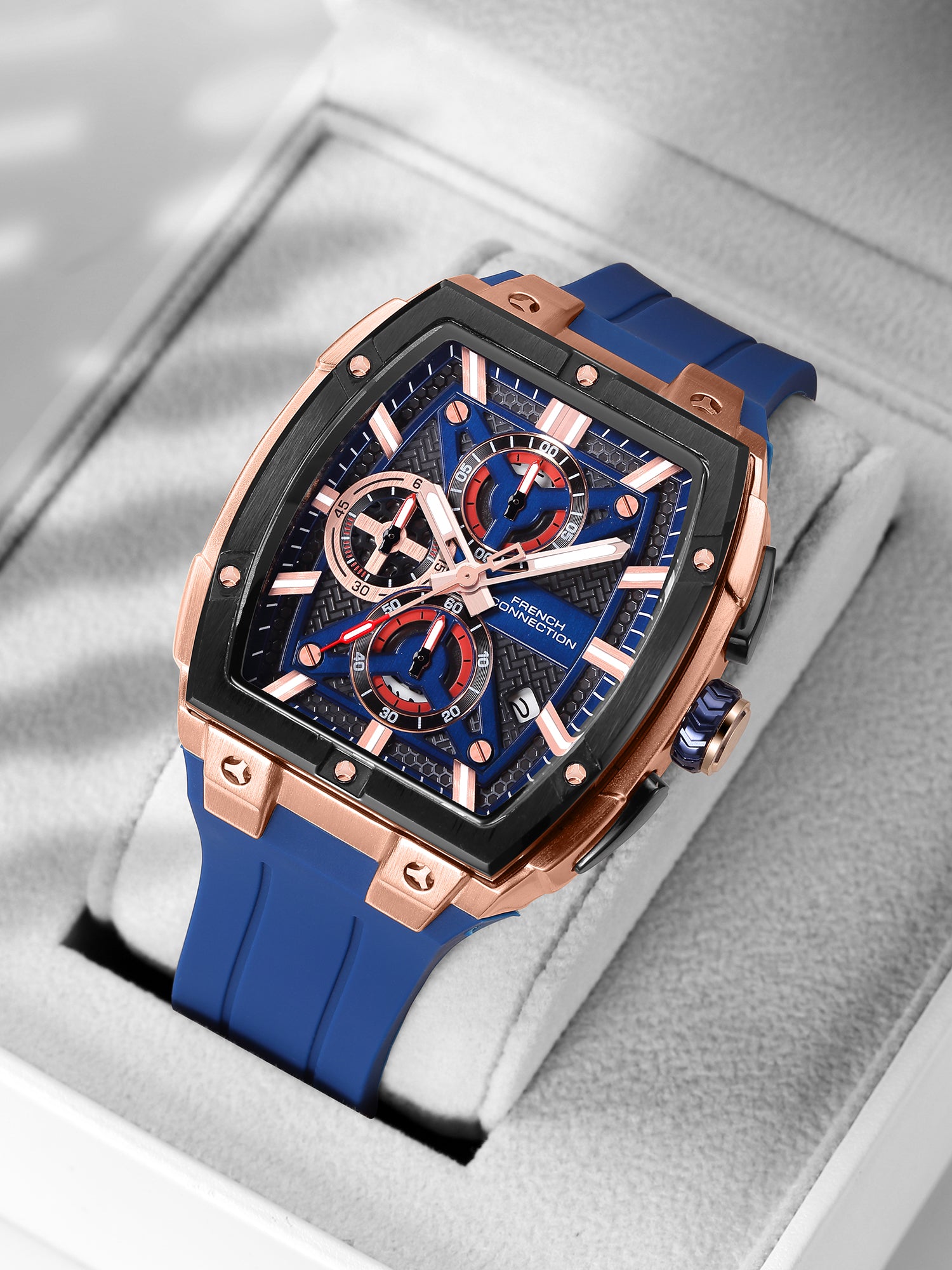 French Connection Exedra | Tonneau Chronograph | Blue Dial | Blue Silicone Strap | Watch for Men - FCM08U