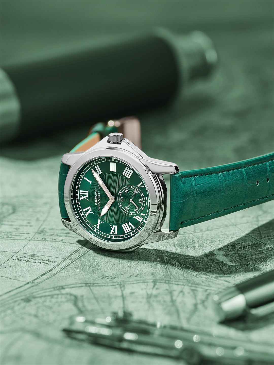 French Connection Romanite | Quartz Analog Display | Green  Dial | Green Leather Strap | Watch for Men - FCMX07NL