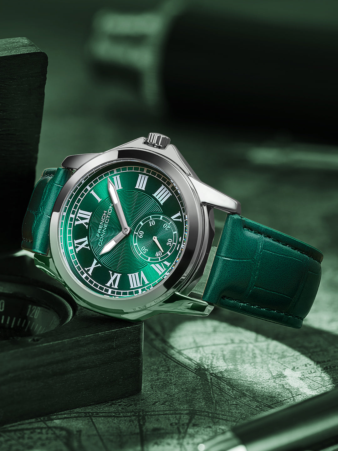 French Connection Romanite | Quartz Analog Display | Green  Dial | Green Leather Strap | Watch for Men - FCMX07NL