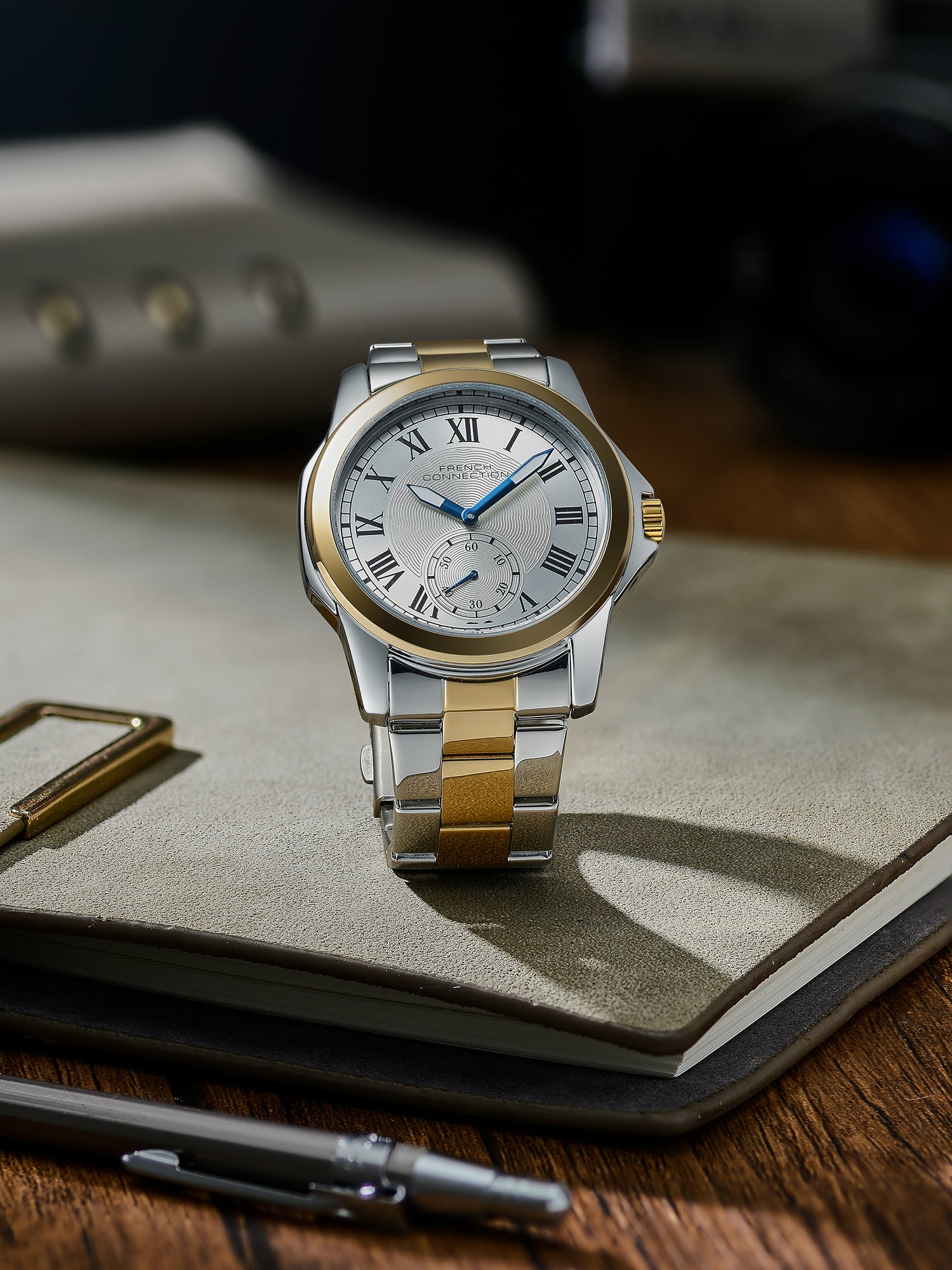 French Connection Romanite | Quartz Analog Display | White  Dial | Two- Tone Stainless Steel  Strap | Watch for Men - FCMX07TM