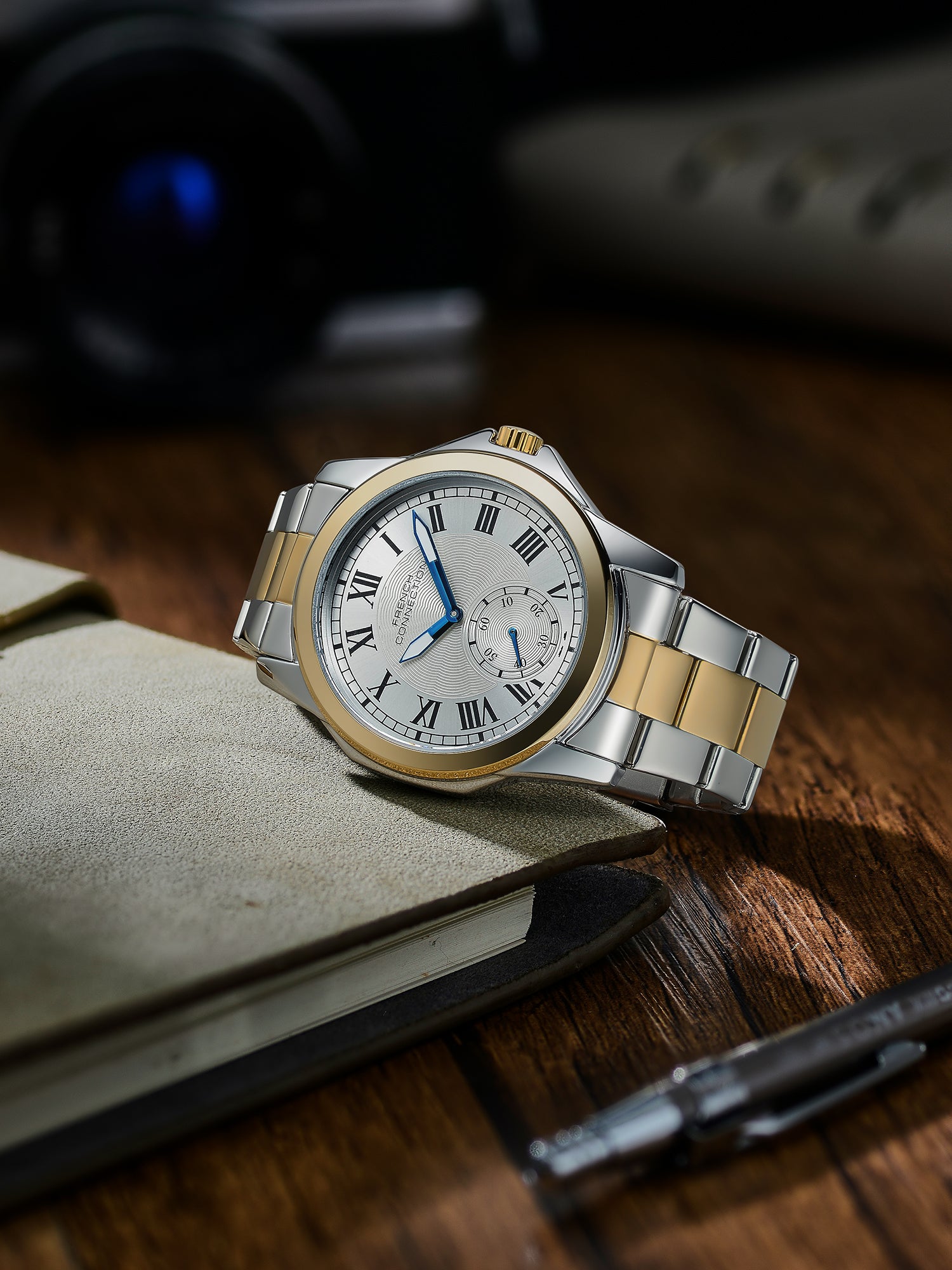 French Connection Romanite | Quartz Analog Display | White  Dial | Two- Tone Stainless Steel  Strap | Watch for Men - FCMX07TM