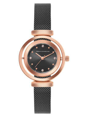 French Connection Sunray Black Round Dial With Black Stainless Steel  Strap Watch - For Womens FCMX1BM