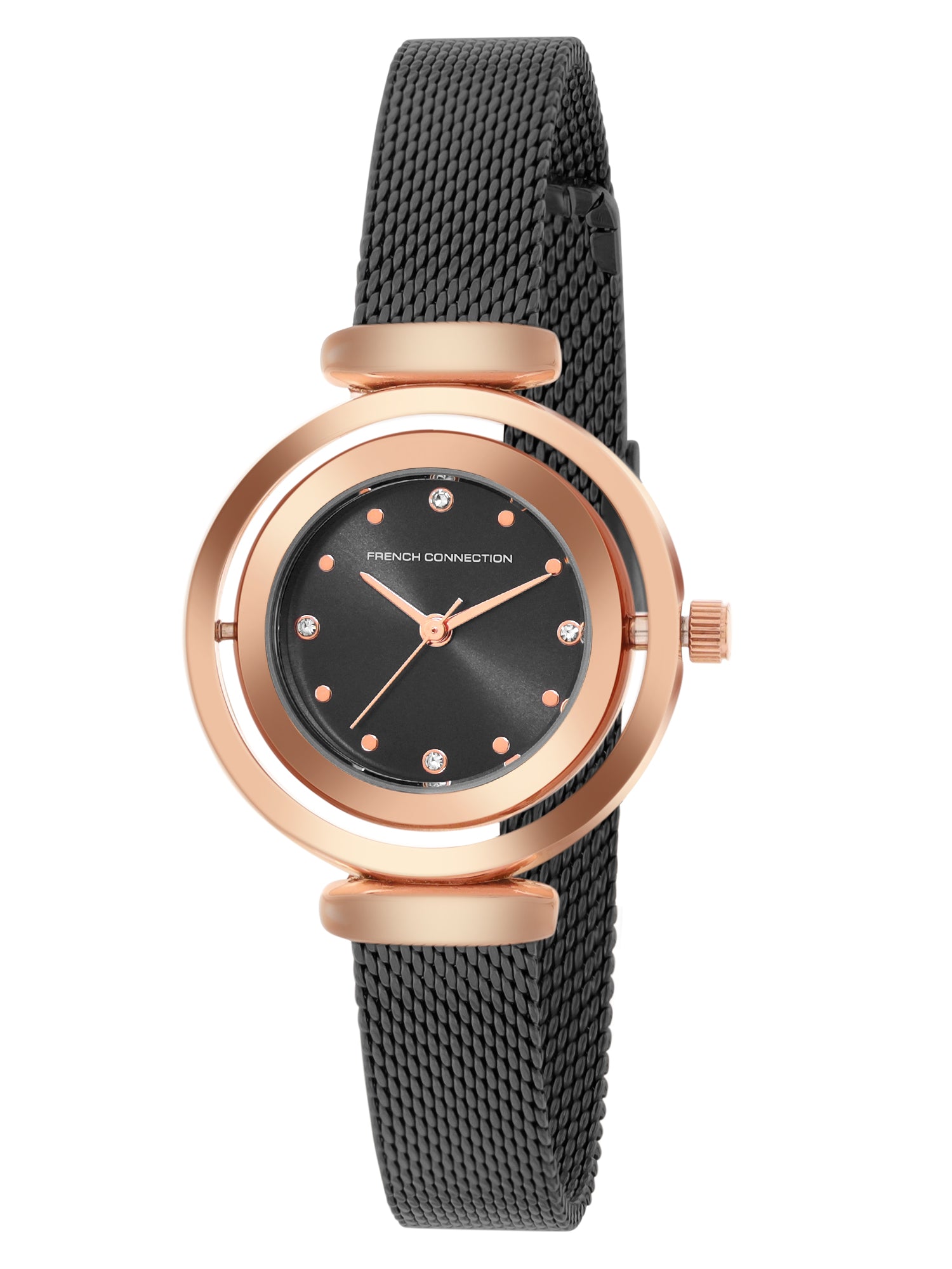 French Connection Sunray Black Round Dial With Black Stainless Steel  Strap Watch - For Womens FCMX1BM