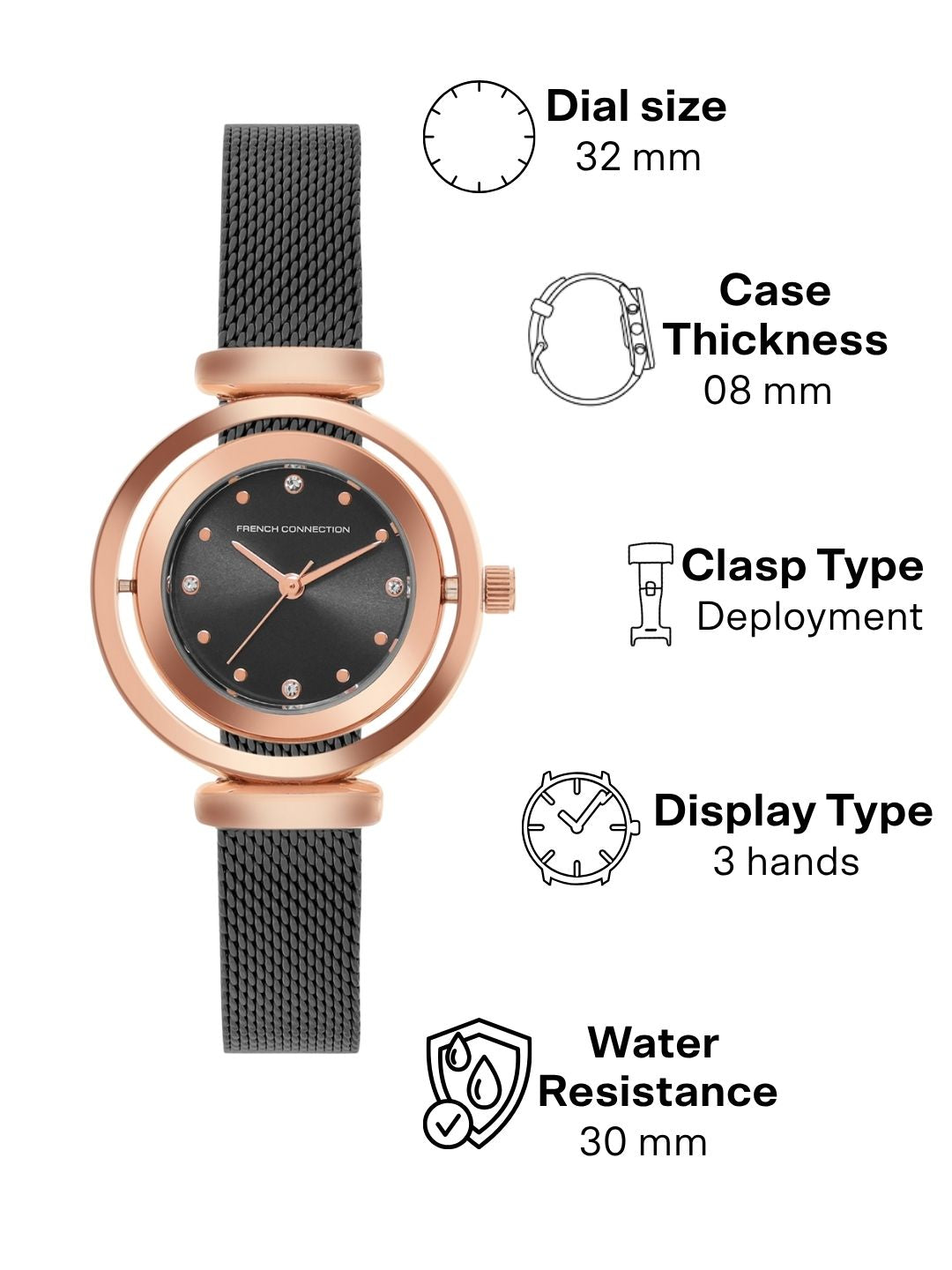 French Connection Sunray Black Round Dial With Black Stainless Steel  Strap Watch - For Womens FCMX1BM