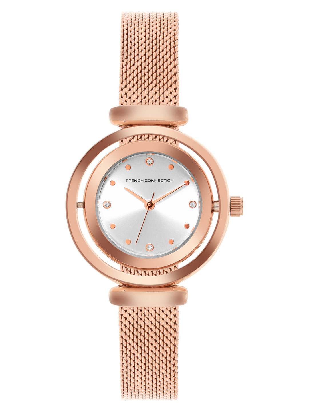 French Connection Sunray Silver Round Dial With Rose Stainless Steel  Strap Watch - For Womens FCMX1SRGM