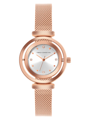French Connection Sunray Silver Round Dial With Rose Stainless Steel  Strap Watch - For Womens FCMX1SRGM