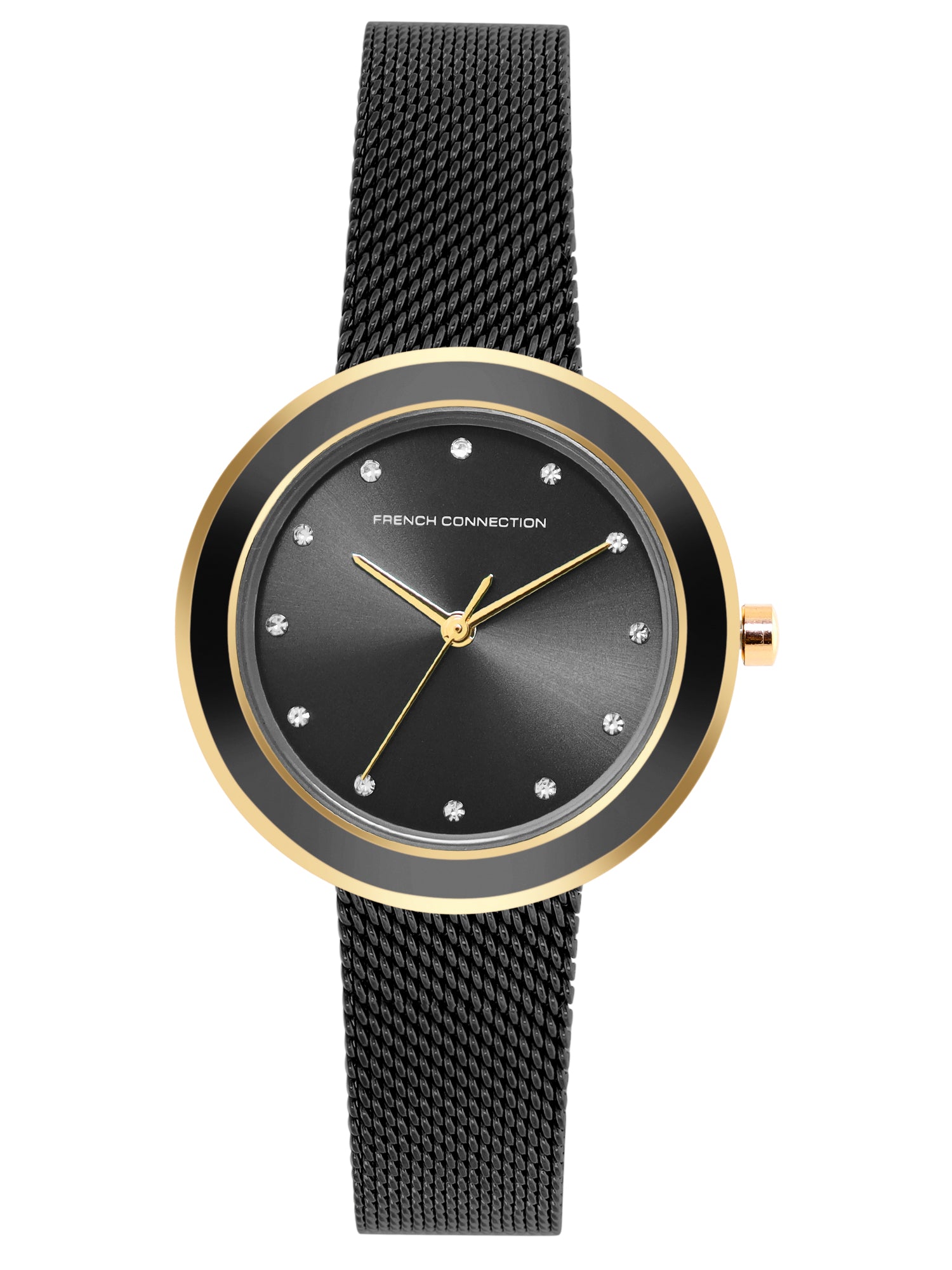 French Connection Sunray Black Round Dial With Black Stainless Steel Strap Watch - For Womens FCMX2BM