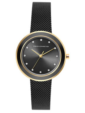 French Connection Sunray Black Round Dial With Black Stainless Steel Strap Watch - For Womens FCMX2BM