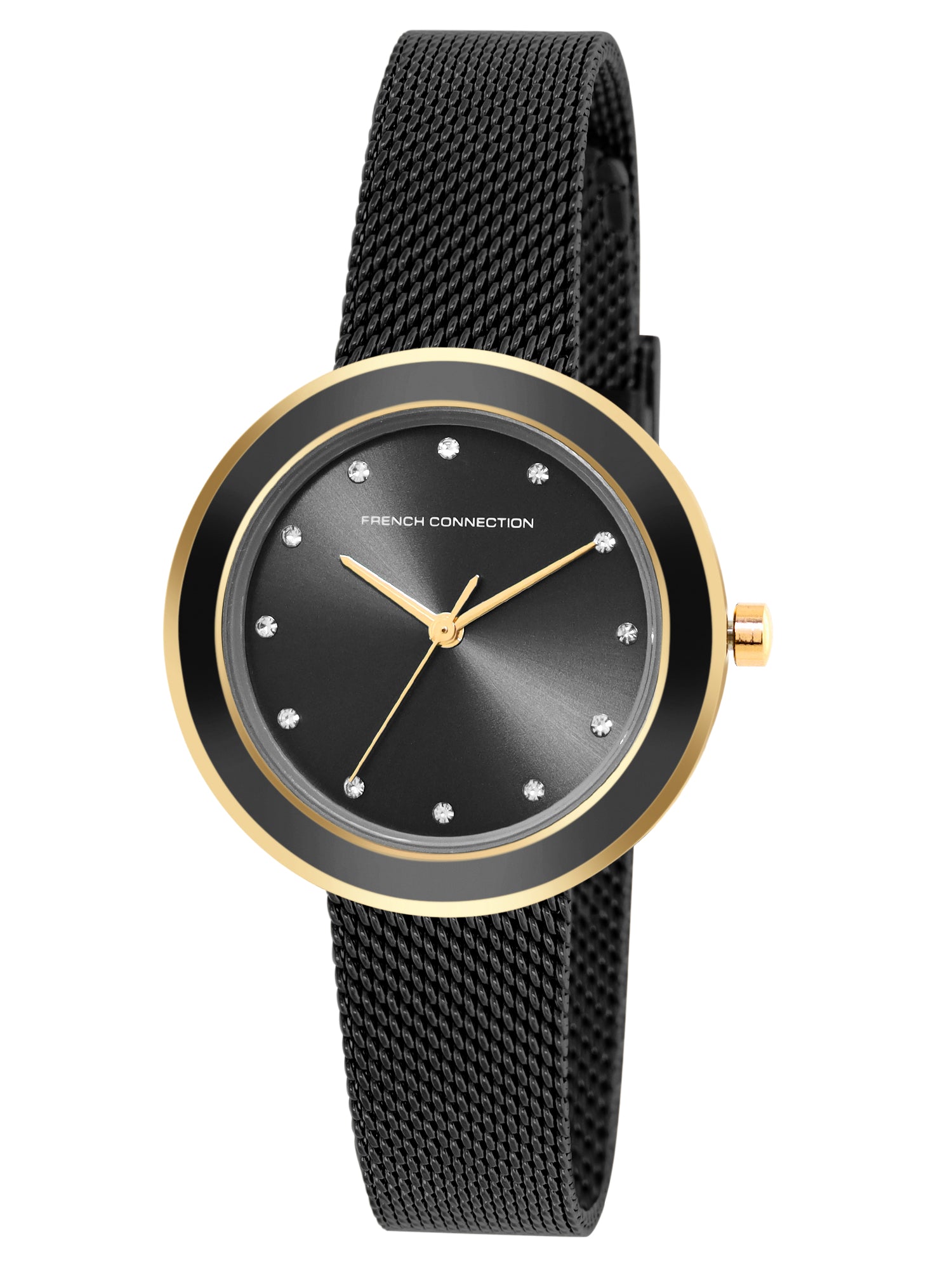 French Connection Sunray Black Round Dial With Black Stainless Steel Strap Watch - For Womens FCMX2BM