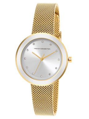 French Connection Sunray Silver Round Dial With  Gold Stainless Steel  Strap Watch - For Womens FCMX2GM